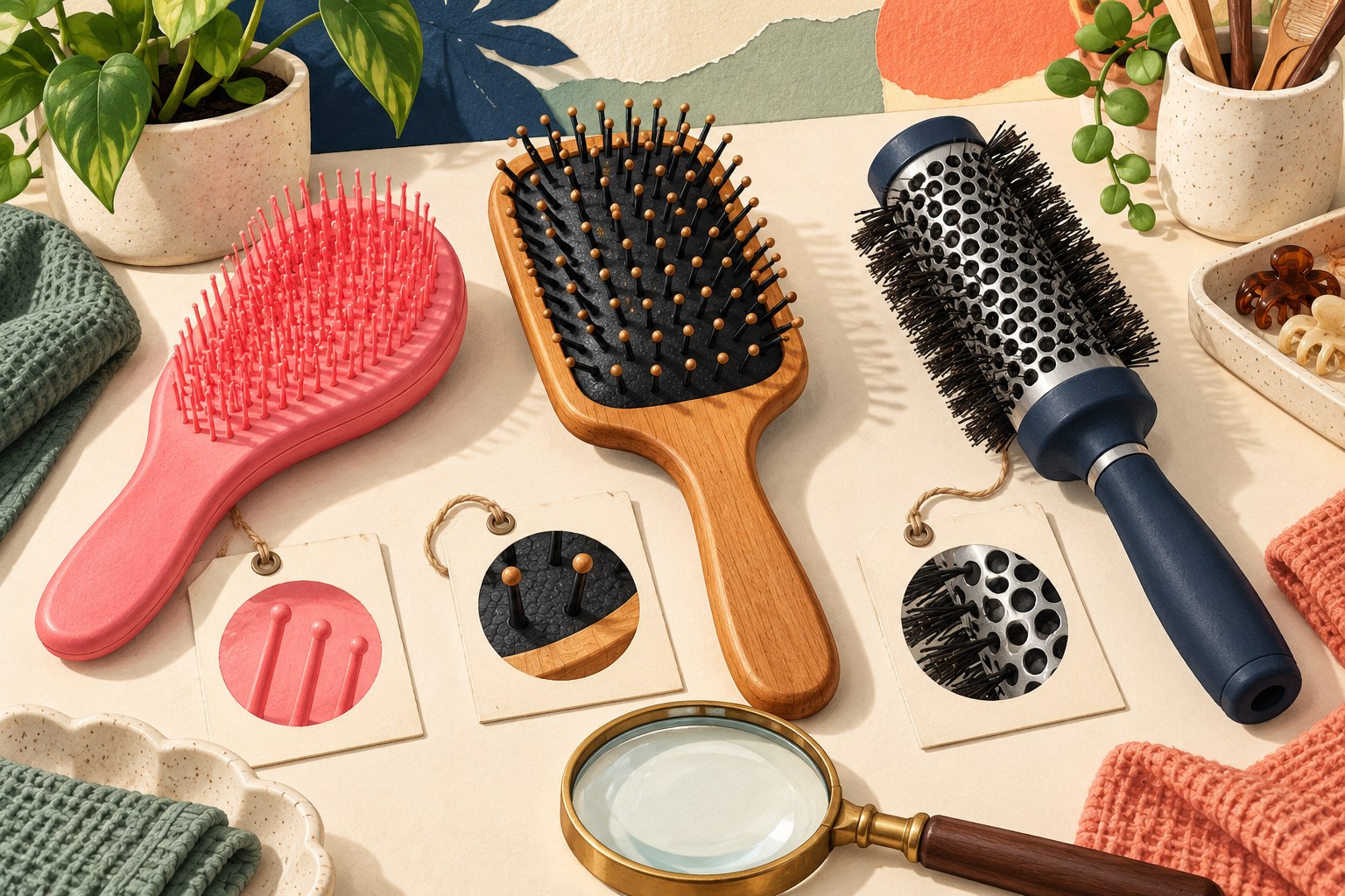 Three manual hairbrush constructions with detail cards and a magnifying glass