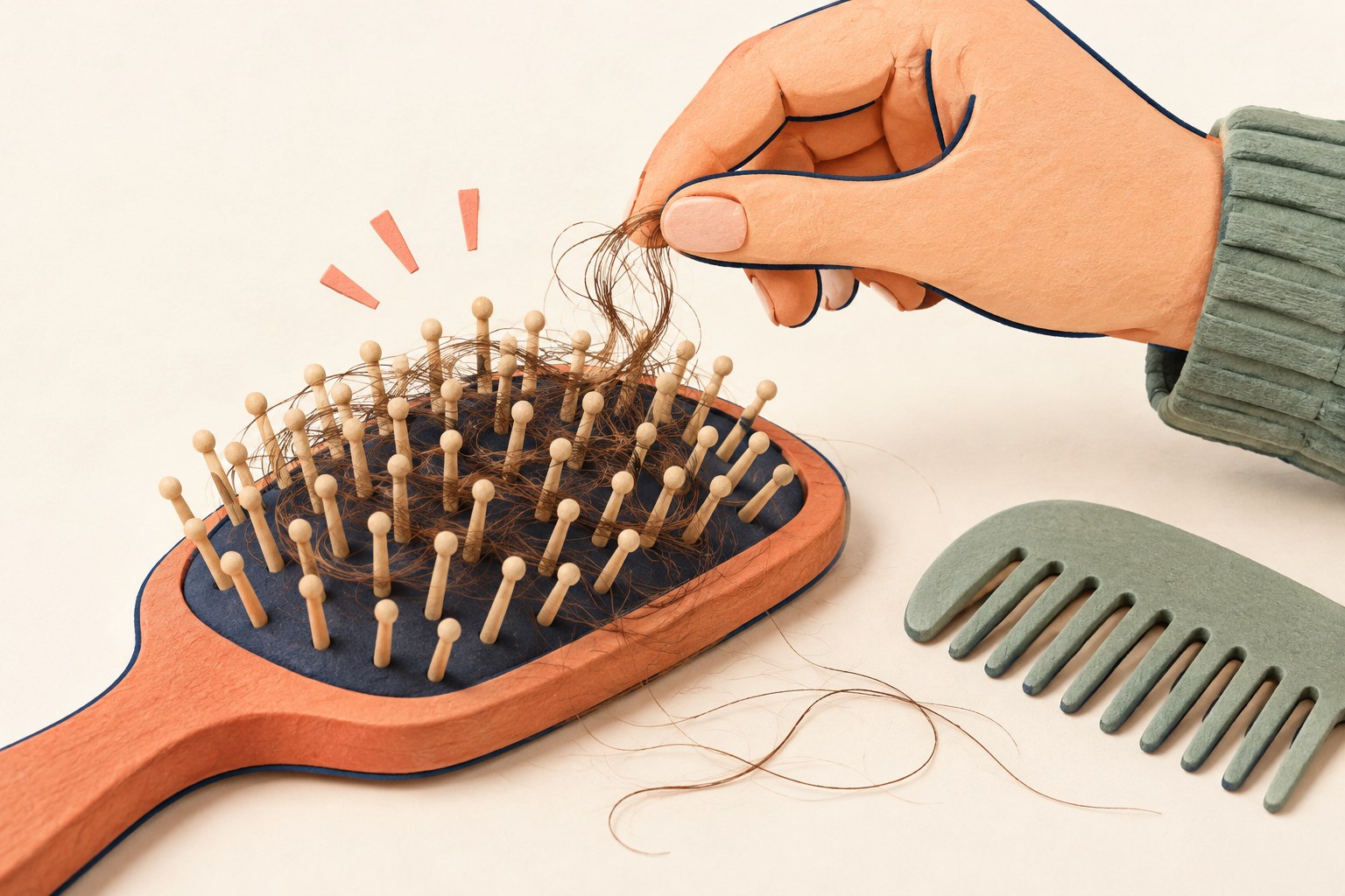 Fingers lift loosened hair from a paddle brush while a comb rests nearby