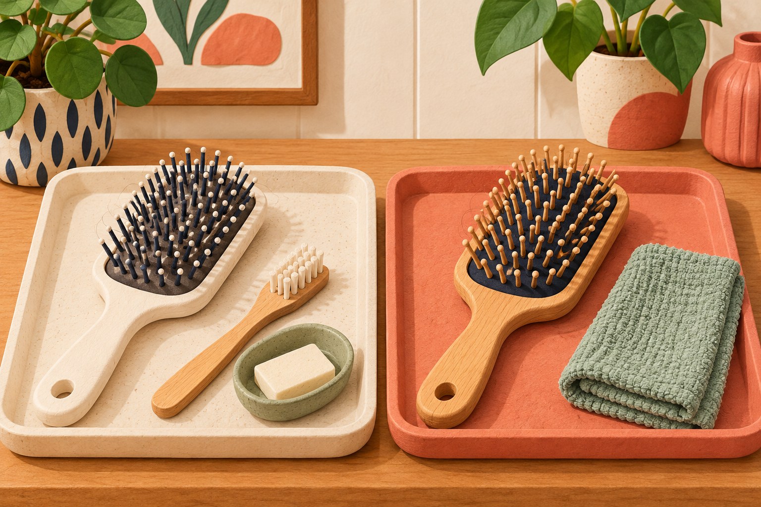 Two brushes in separate trays with different cleaning tools beside them