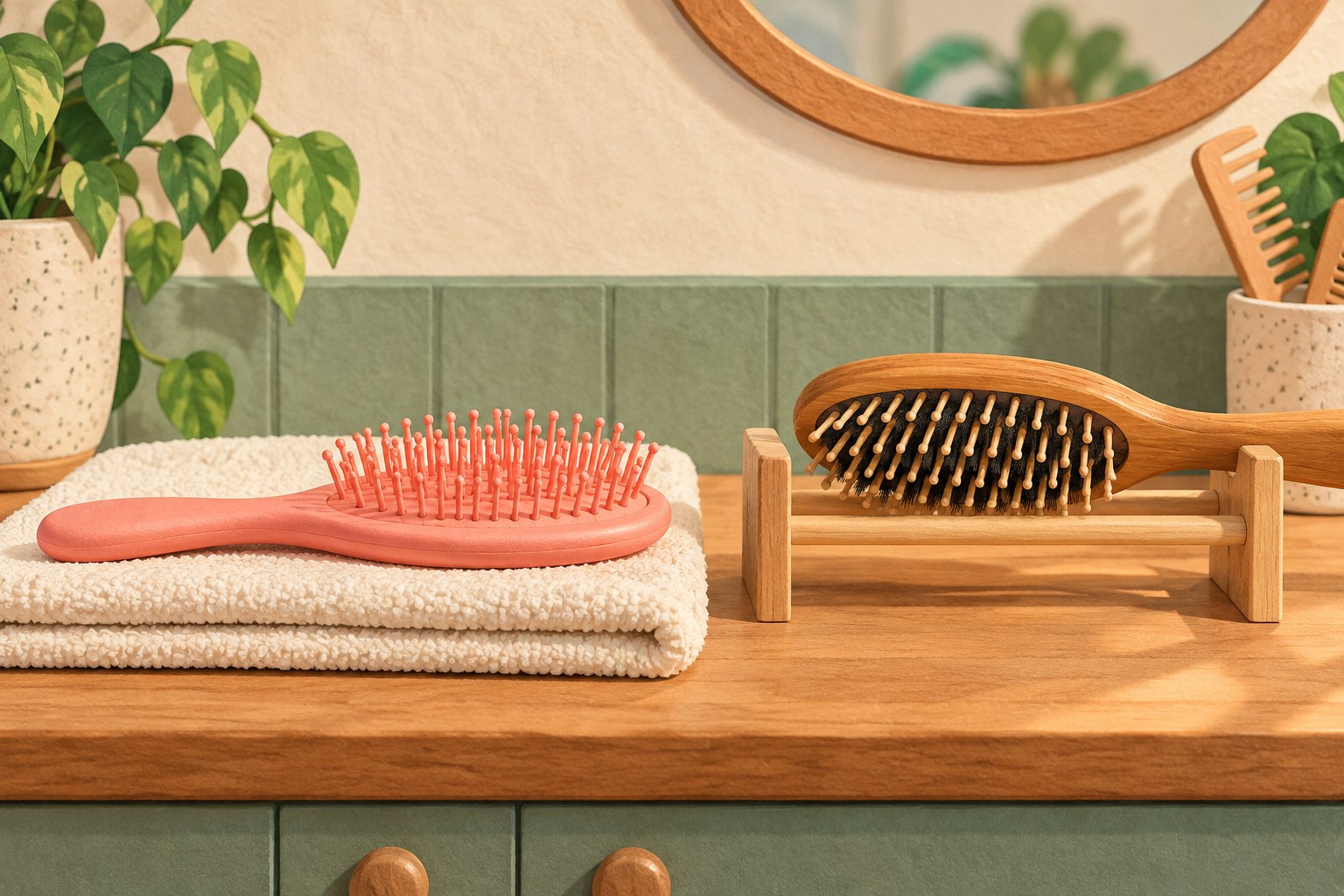Plastic brush with teeth upward beside a wooden brush with bristles angled downward