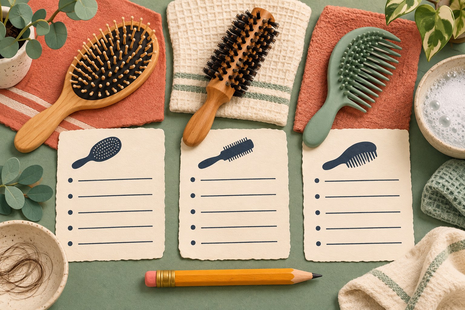 Three brushes paired with blank five-line care cards and a pencil