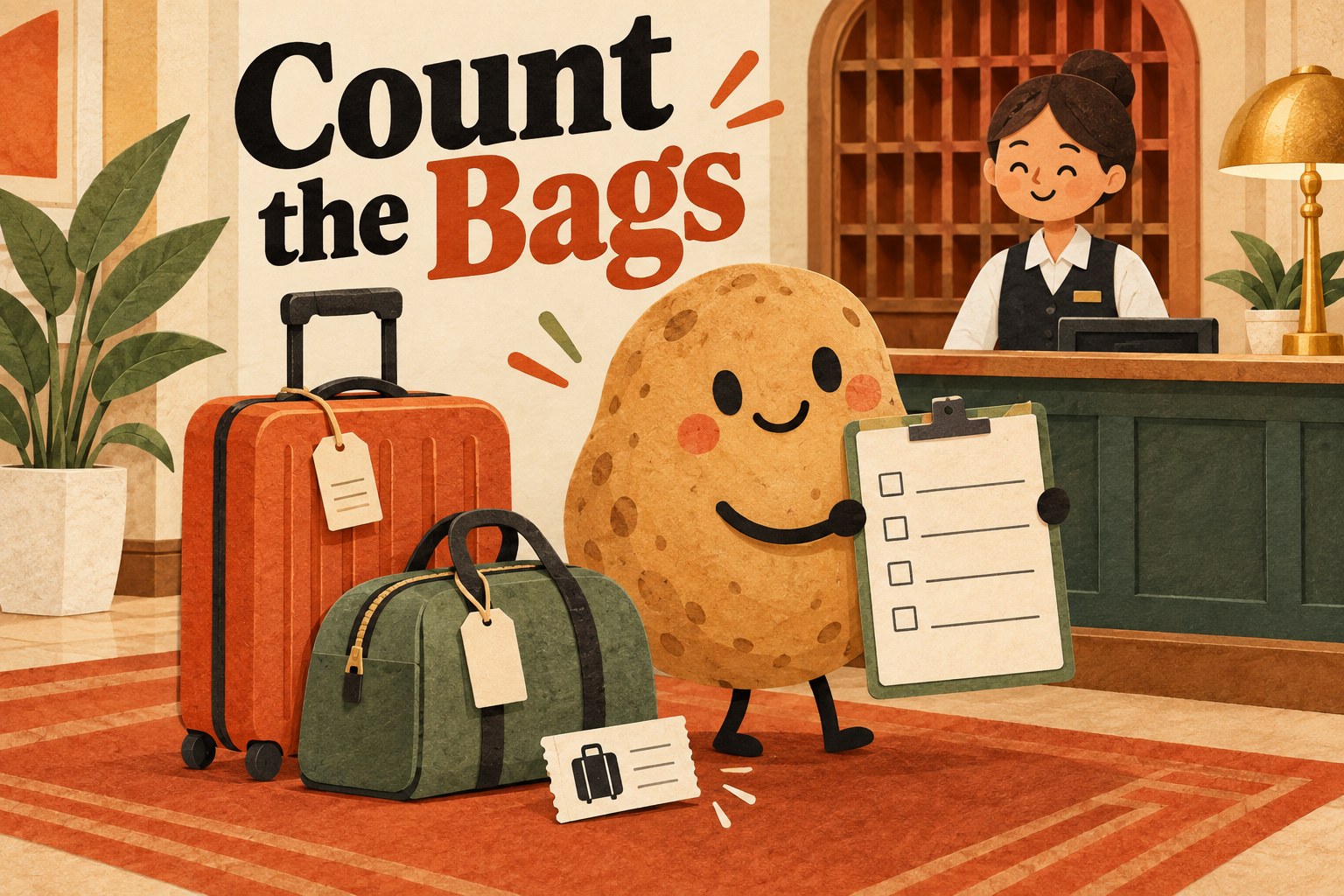 A potato holds a blank checklist beside two bags and a claim ticket at an invented hotel reception.