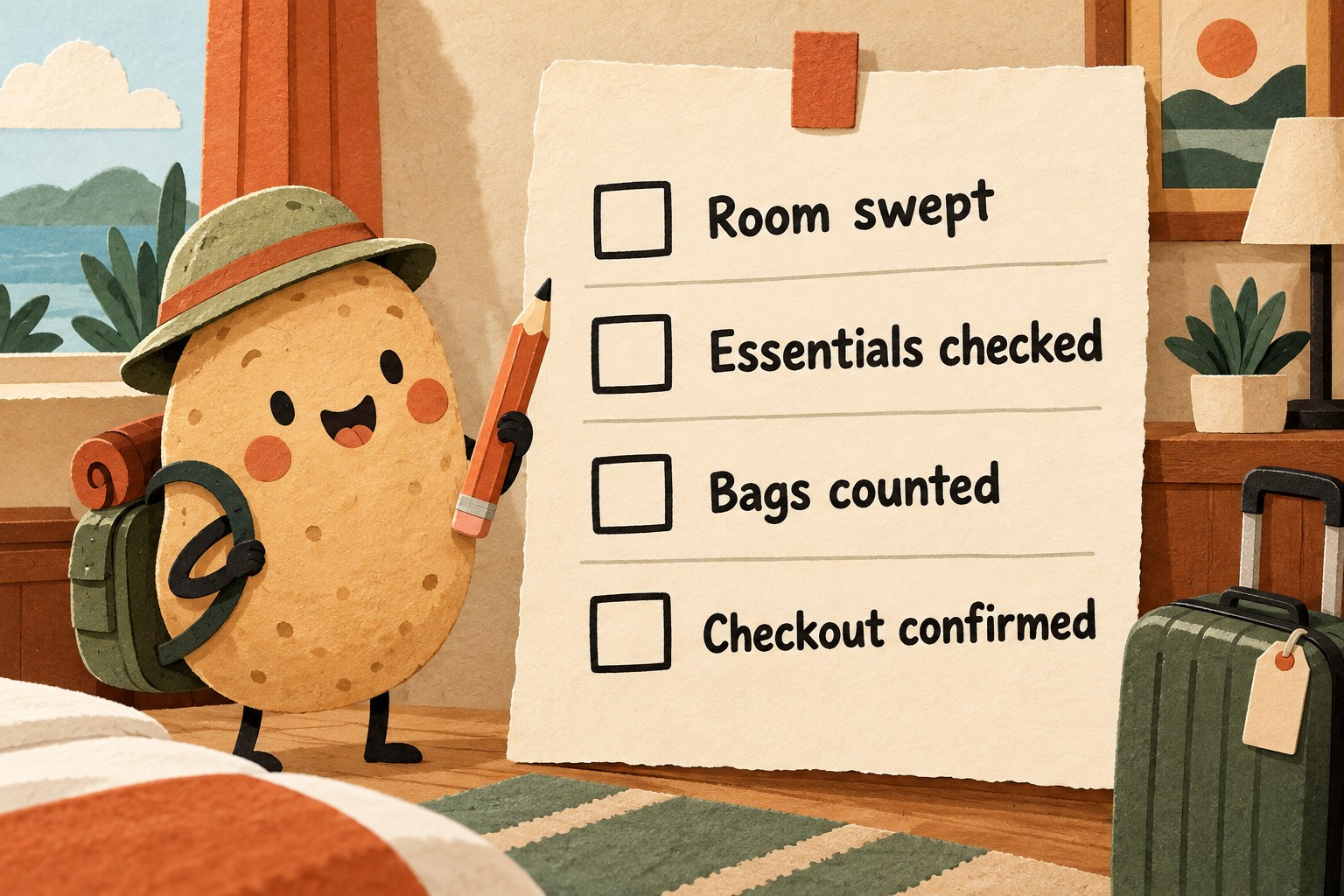 Four empty checkboxes read Room swept, Essentials checked, Bags counted and Checkout confirmed.