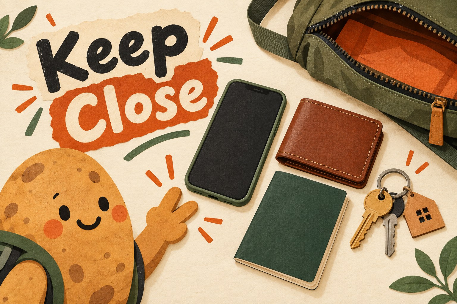 A phone, wallet, blank travel-document booklet and keys sit beside an open day bag.