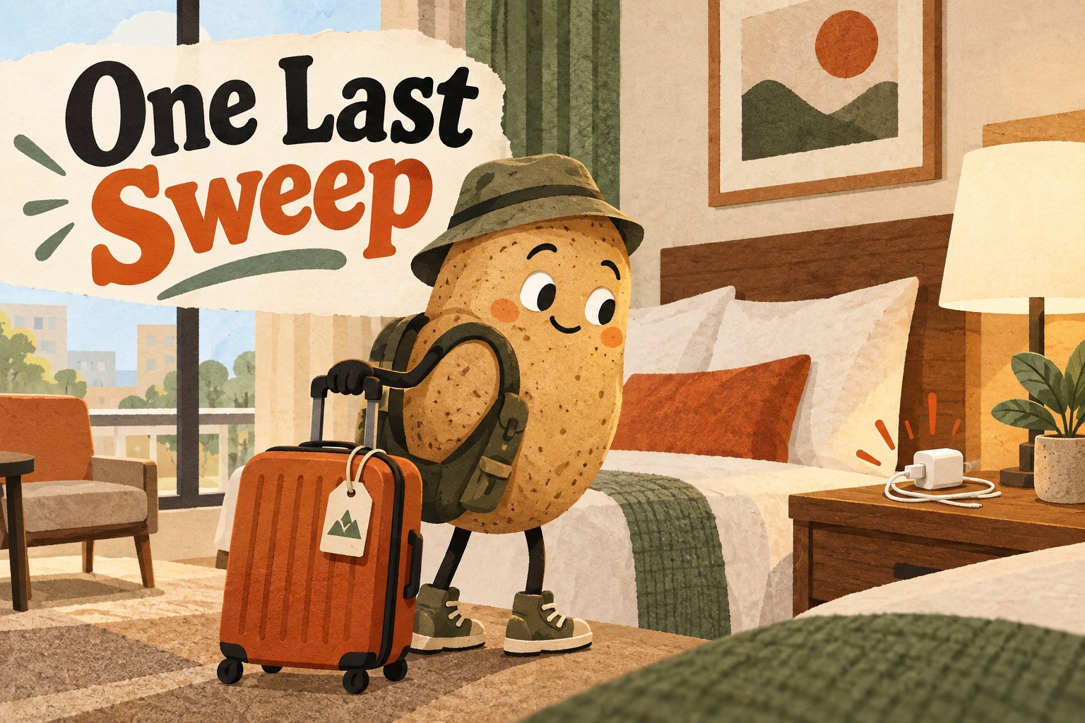 A potato traveler looks back at a charger on a bedside table beneath One Last Sweep.
