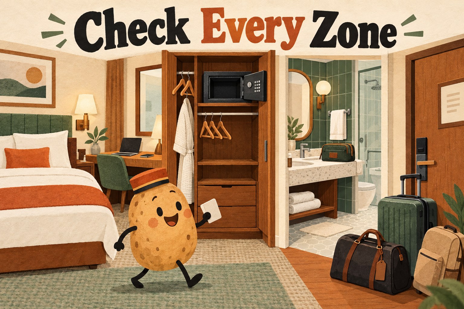 A hotel-room cutaway shows a desk, wardrobe with open safe, bathroom and luggage by the door.