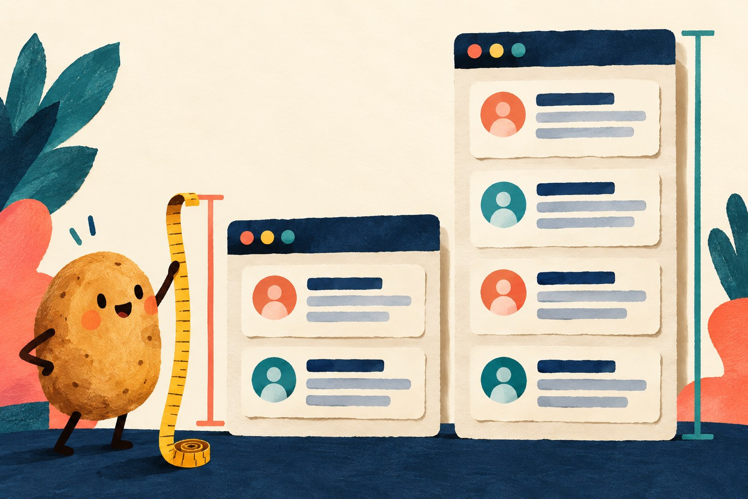 A potato editor measures two illustrated comment panels with different content heights