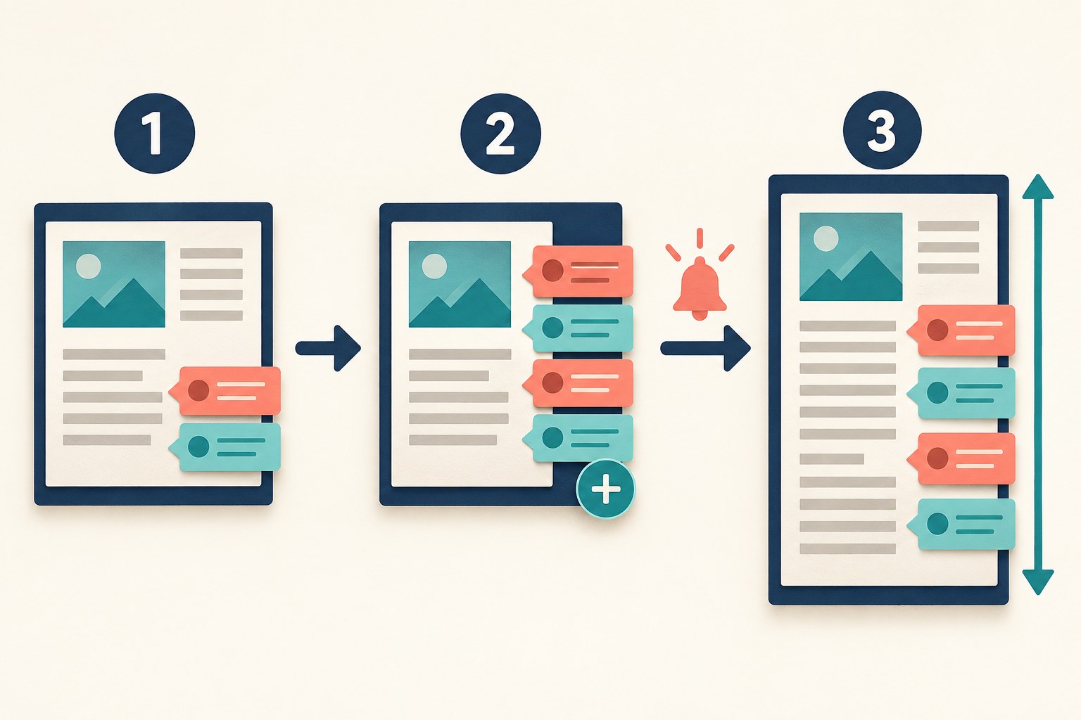 Three numbered stages show two comments, four comments with a notification bell, and a taller document