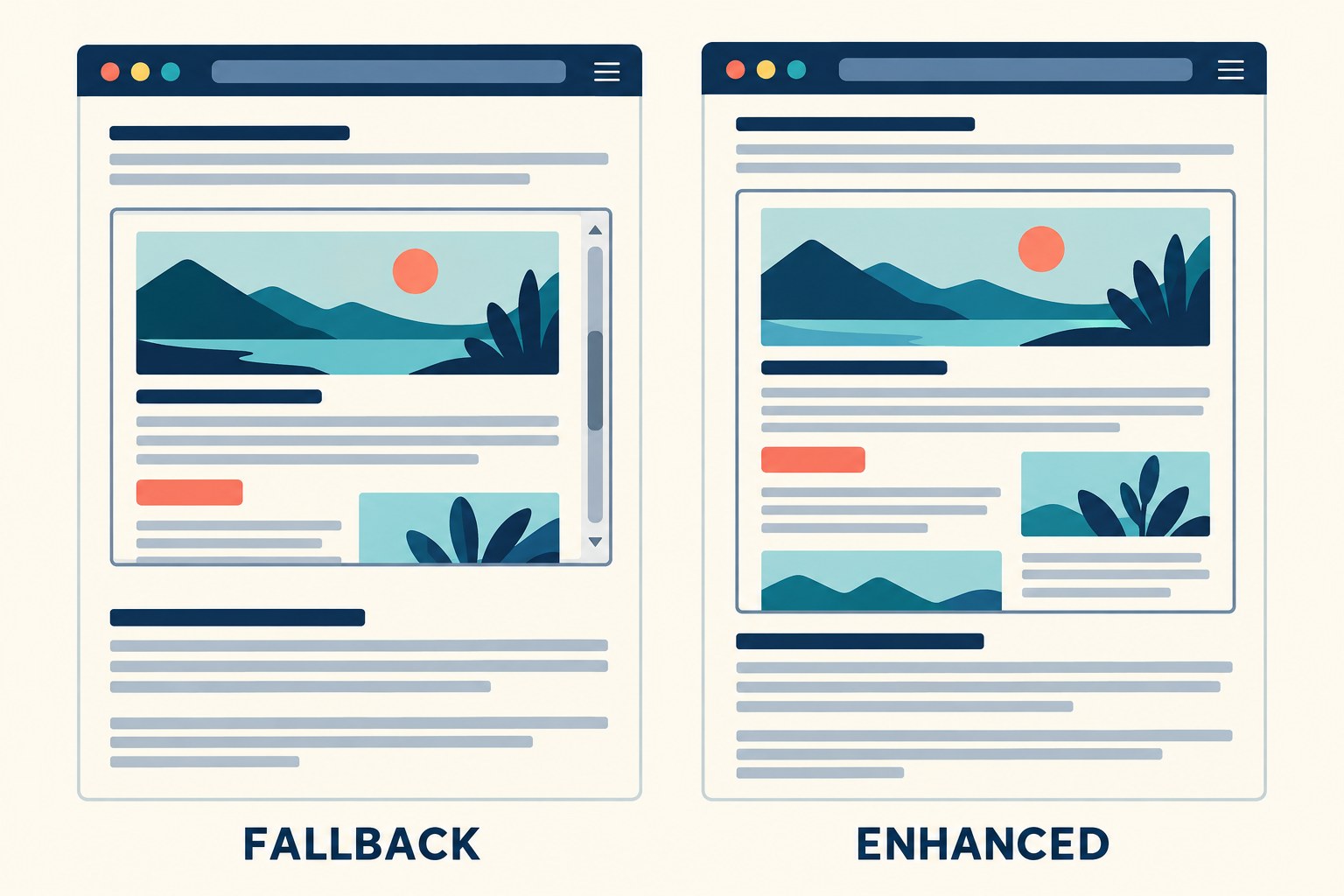 Illustrated host pages compare a shorter scrollable fallback frame with a taller enhanced frame