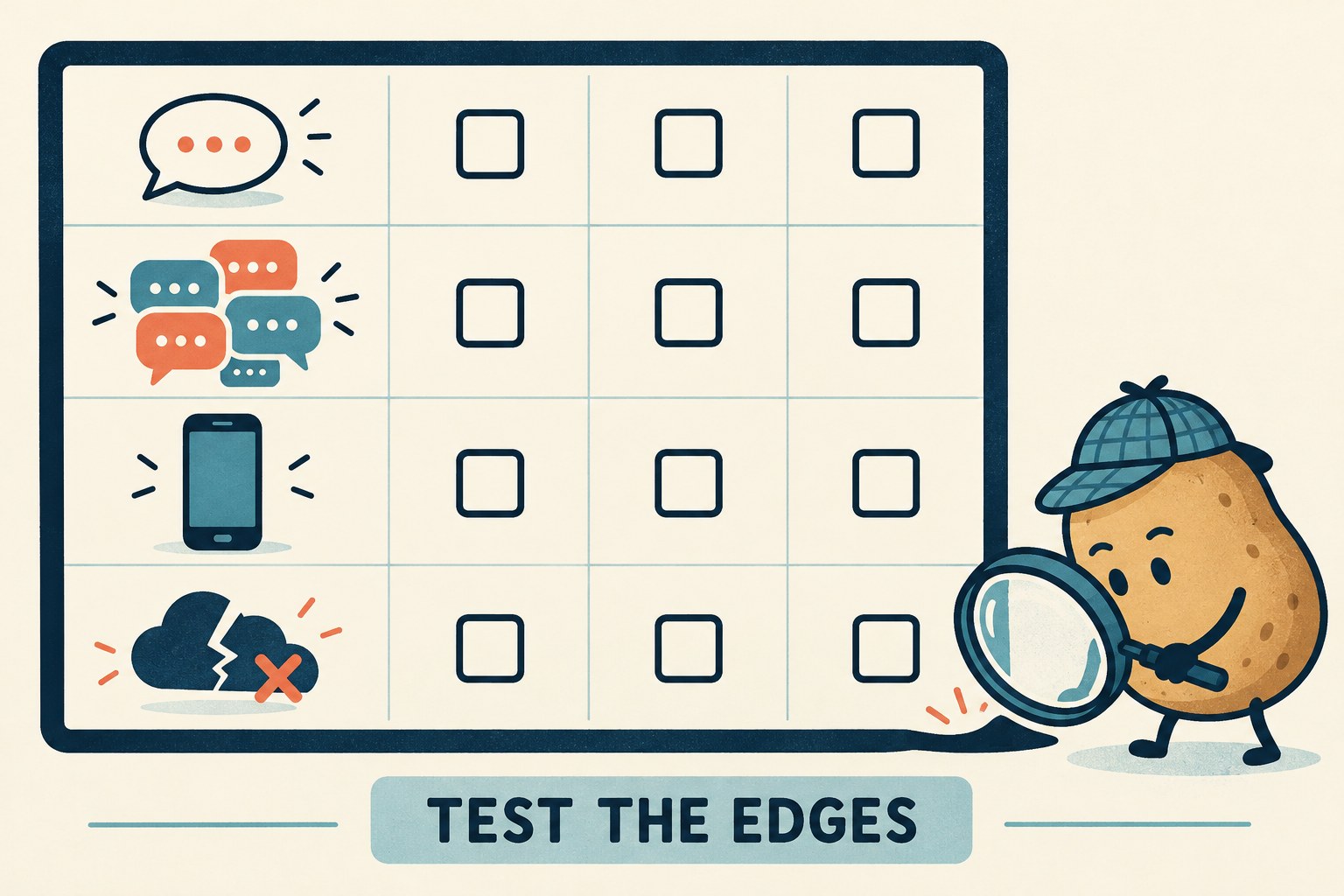 Blank inspection grid with comment, multiple-comment, phone and failed-network icons beside a potato detective