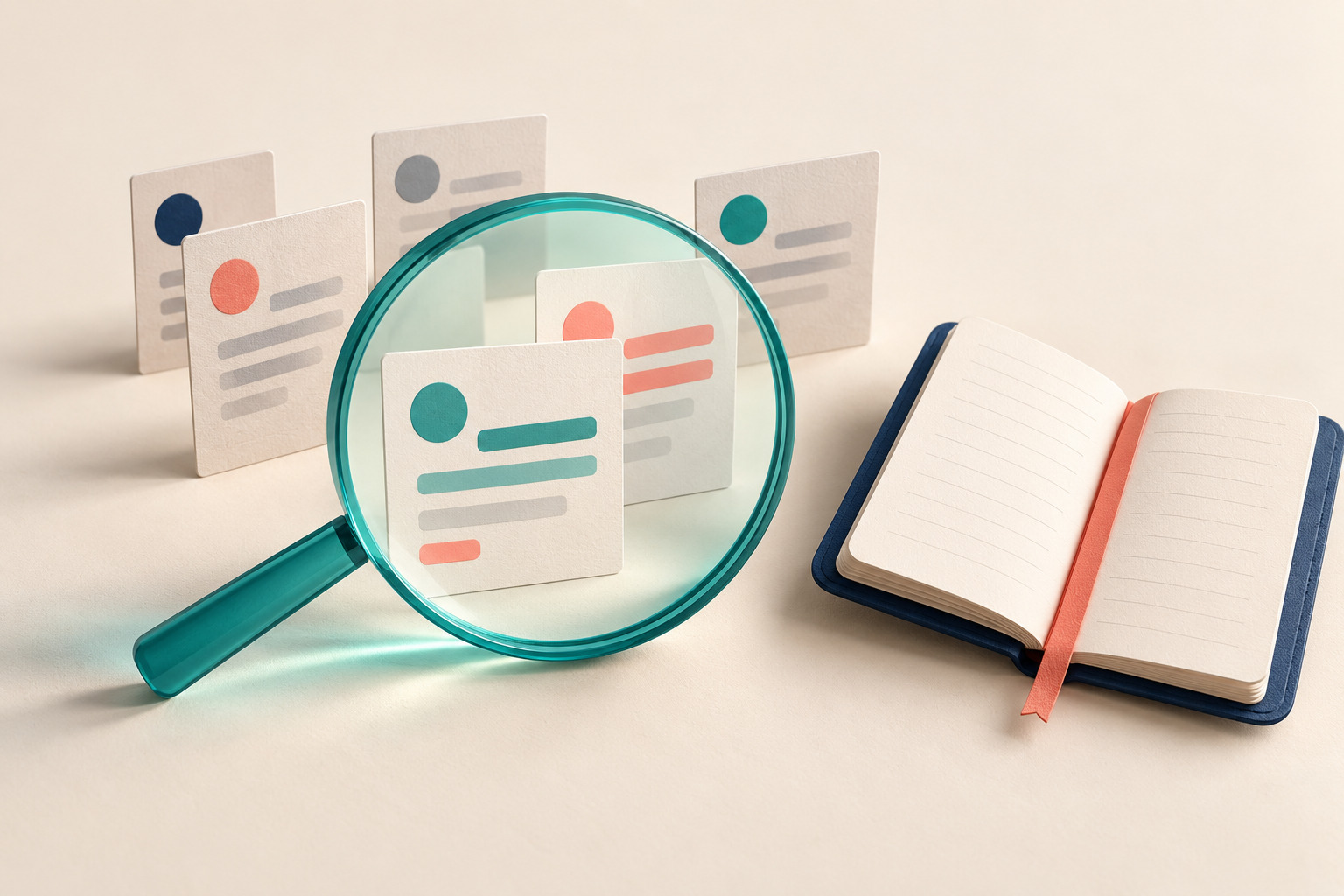 Conceptual illustration of issue cards viewed through a transparent query lens beside a personal notebook.