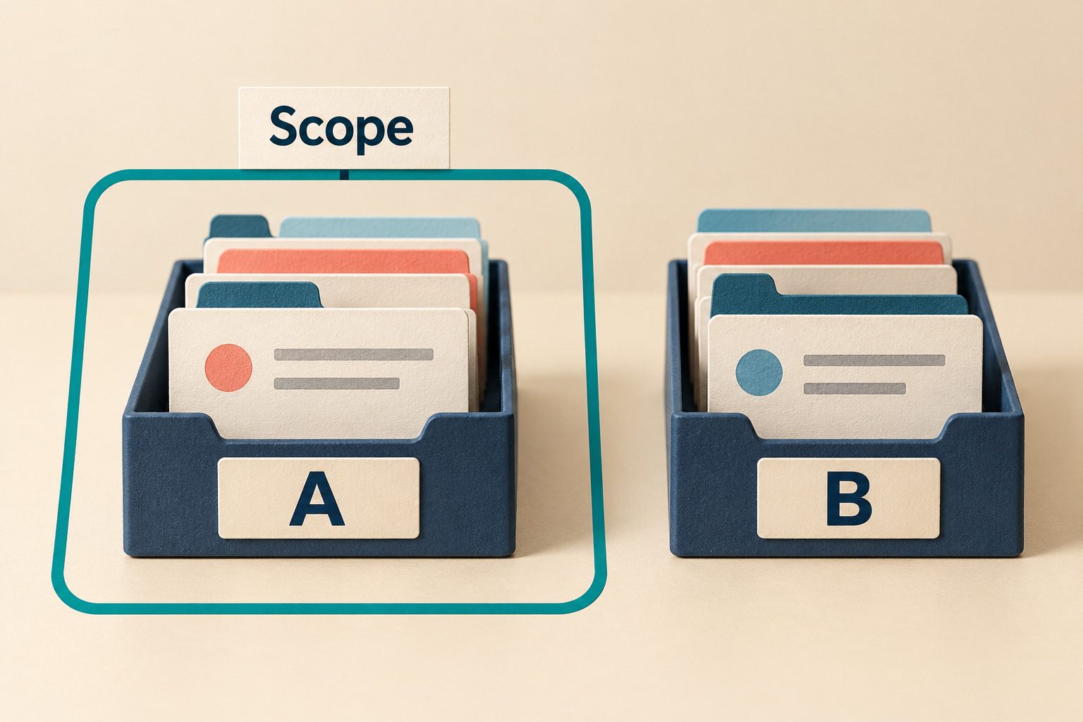 Conceptual scope illustration with repository tray A inside a teal boundary and repository tray B outside it.