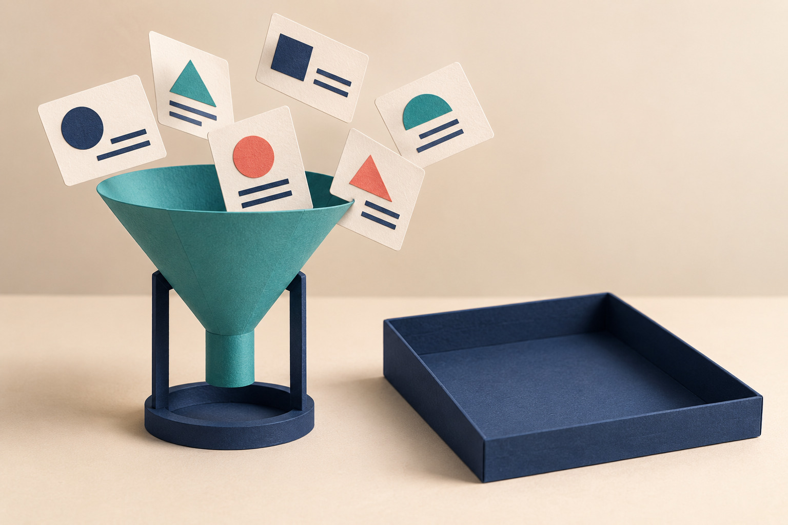 Conceptual illustration of intact issue cards above a filter funnel beside an empty result tray.