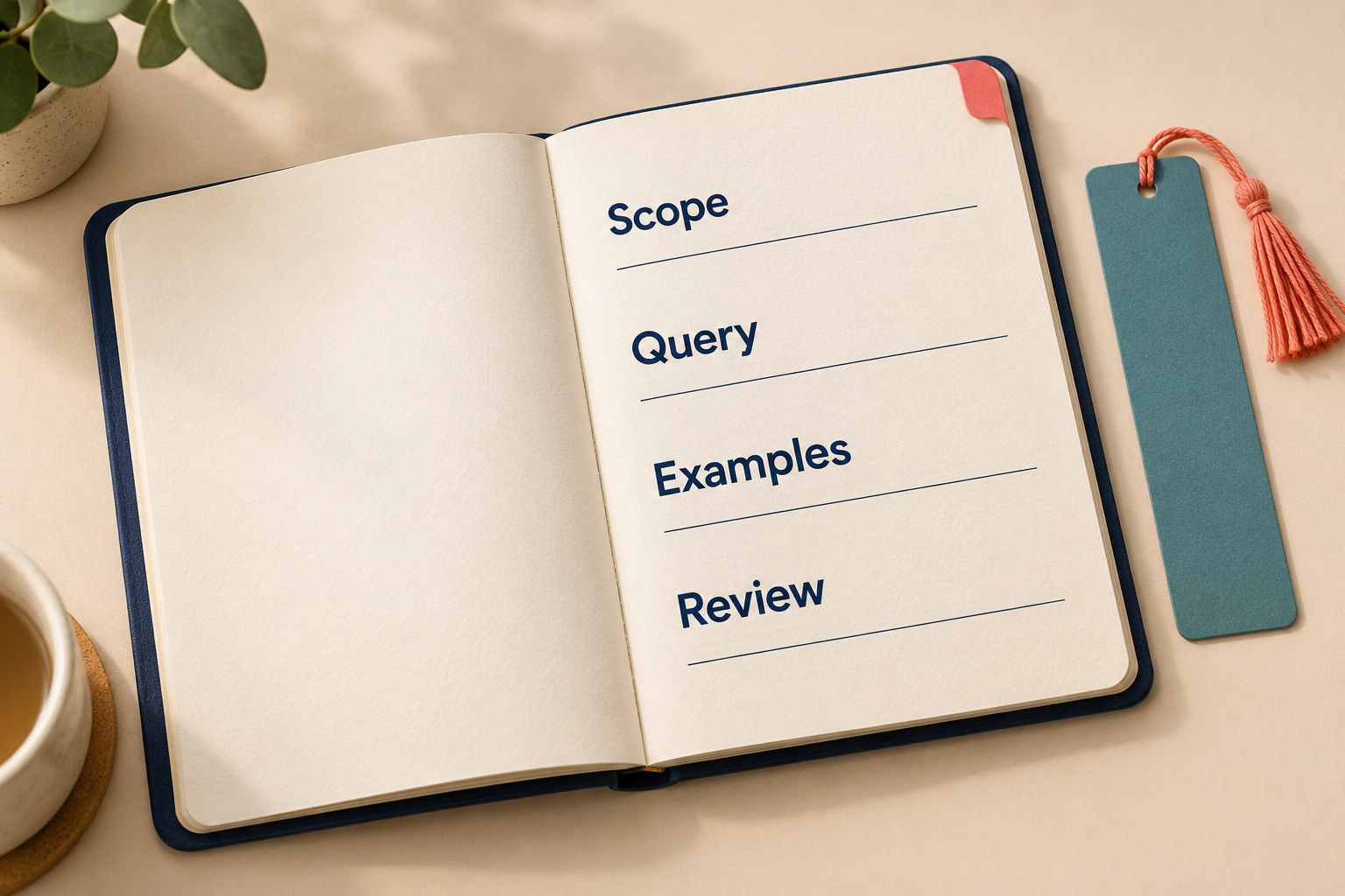 Conceptual review notebook with Scope, Query, Examples and Review fields beside a bookmark.
