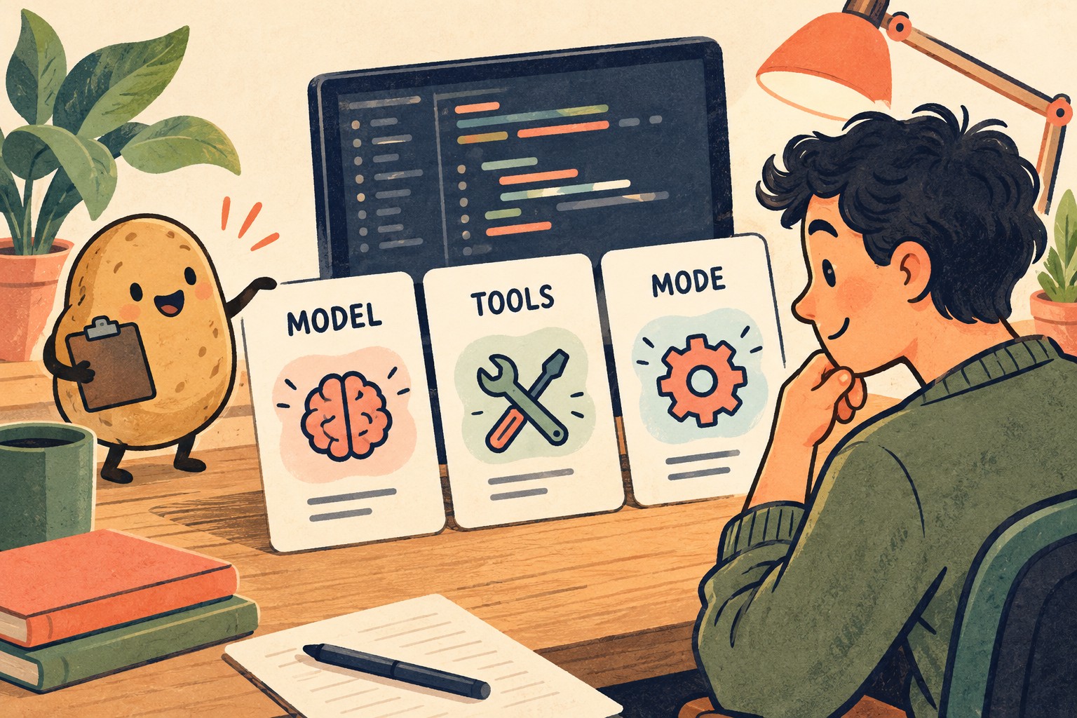 Developer and potato assistant compare separate model, tools and mode cards beside a conceptual code display