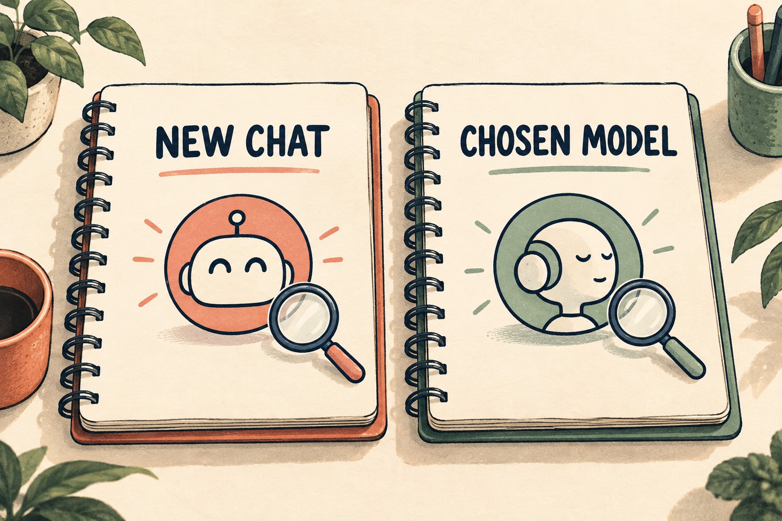 Two conceptual conversation notebooks distinguish a new chat from a deliberately chosen model