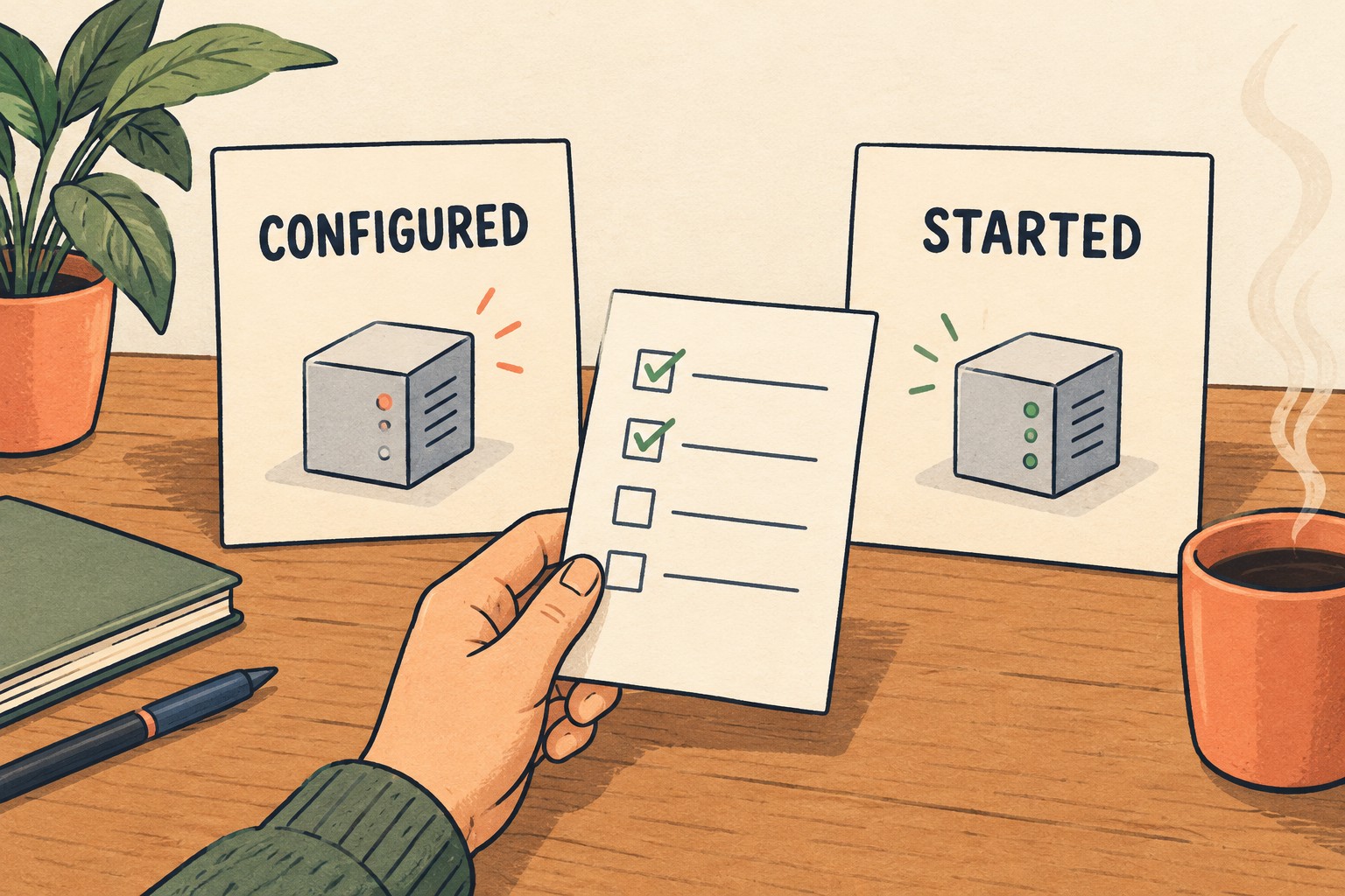 Configured and started server cards show two different observations beside a checklist