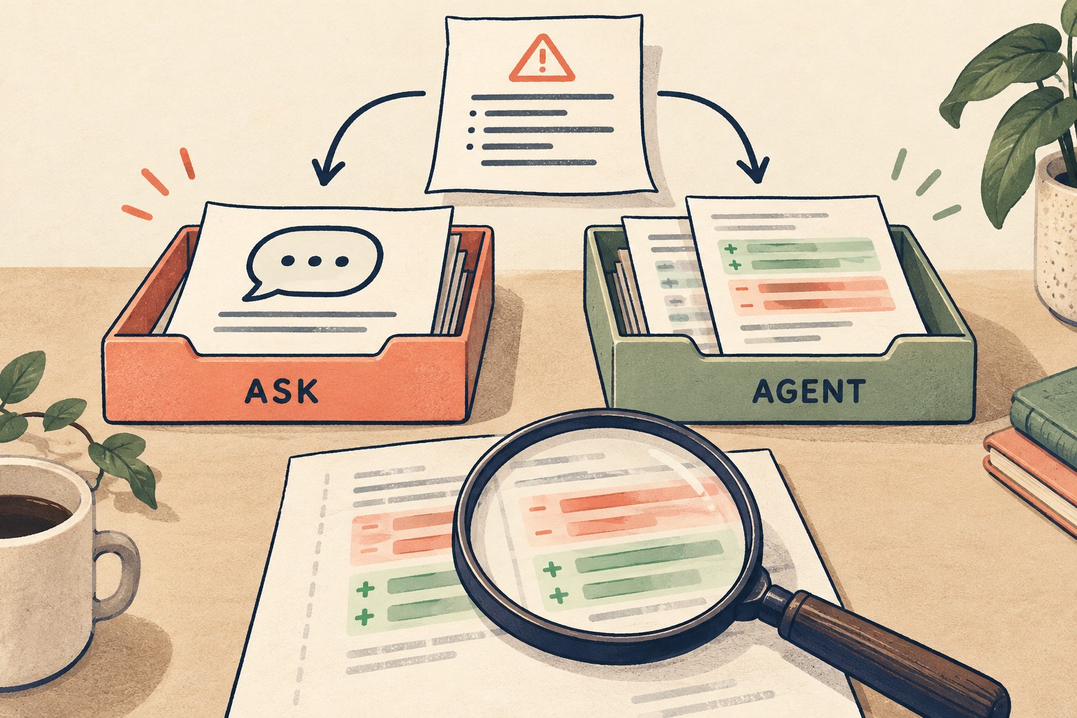 A diagnostic branches toward ask and agent trays above a change-review sheet