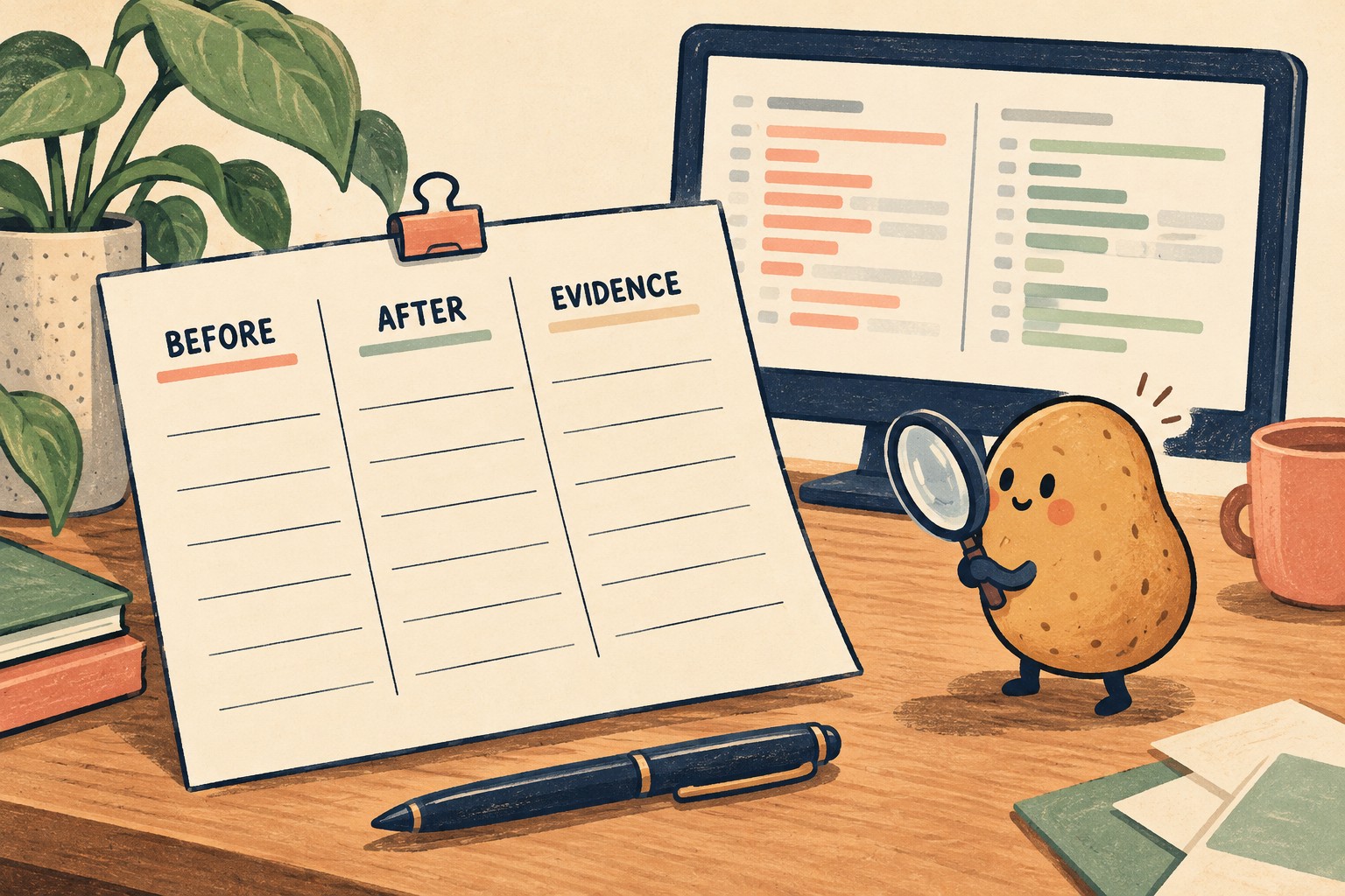 Before, after and evidence cards beside an abstract code diff and a potato reviewer