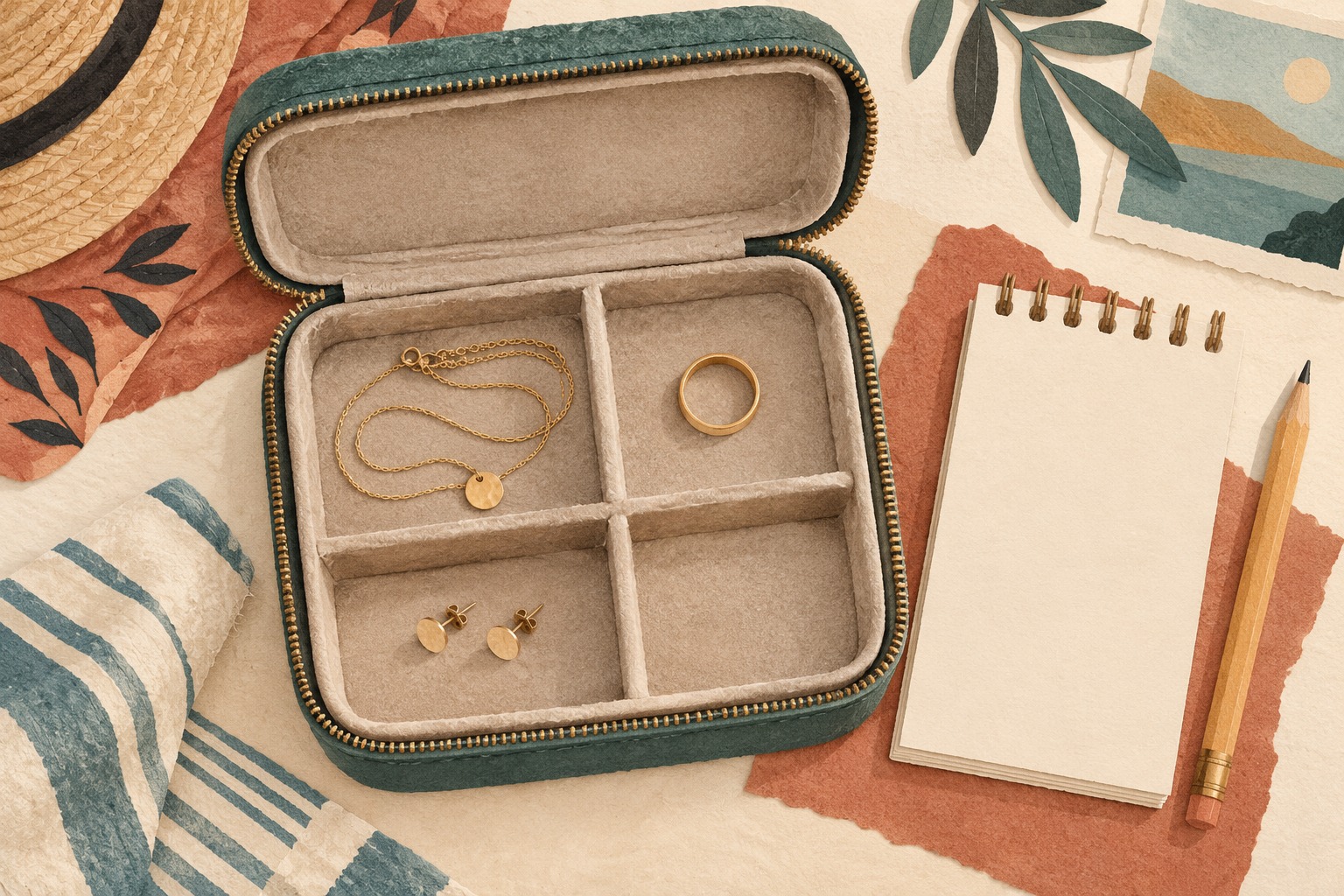 Open lined jewelry case with a necklace, ring and spaced earrings beside a blank inventory pad.
