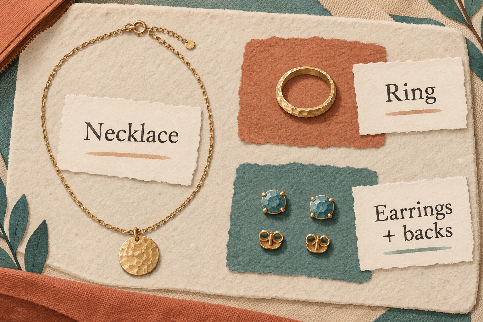 A necklace, ring, two stud earrings and two removable backs laid out separately for counting.