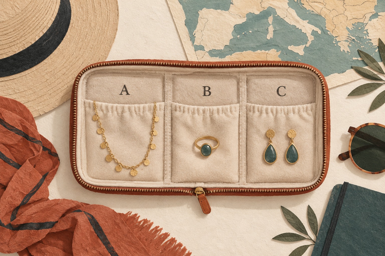 Conceptual jewelry organizer sections A, B and C assigned to a necklace, ring and earring pair.