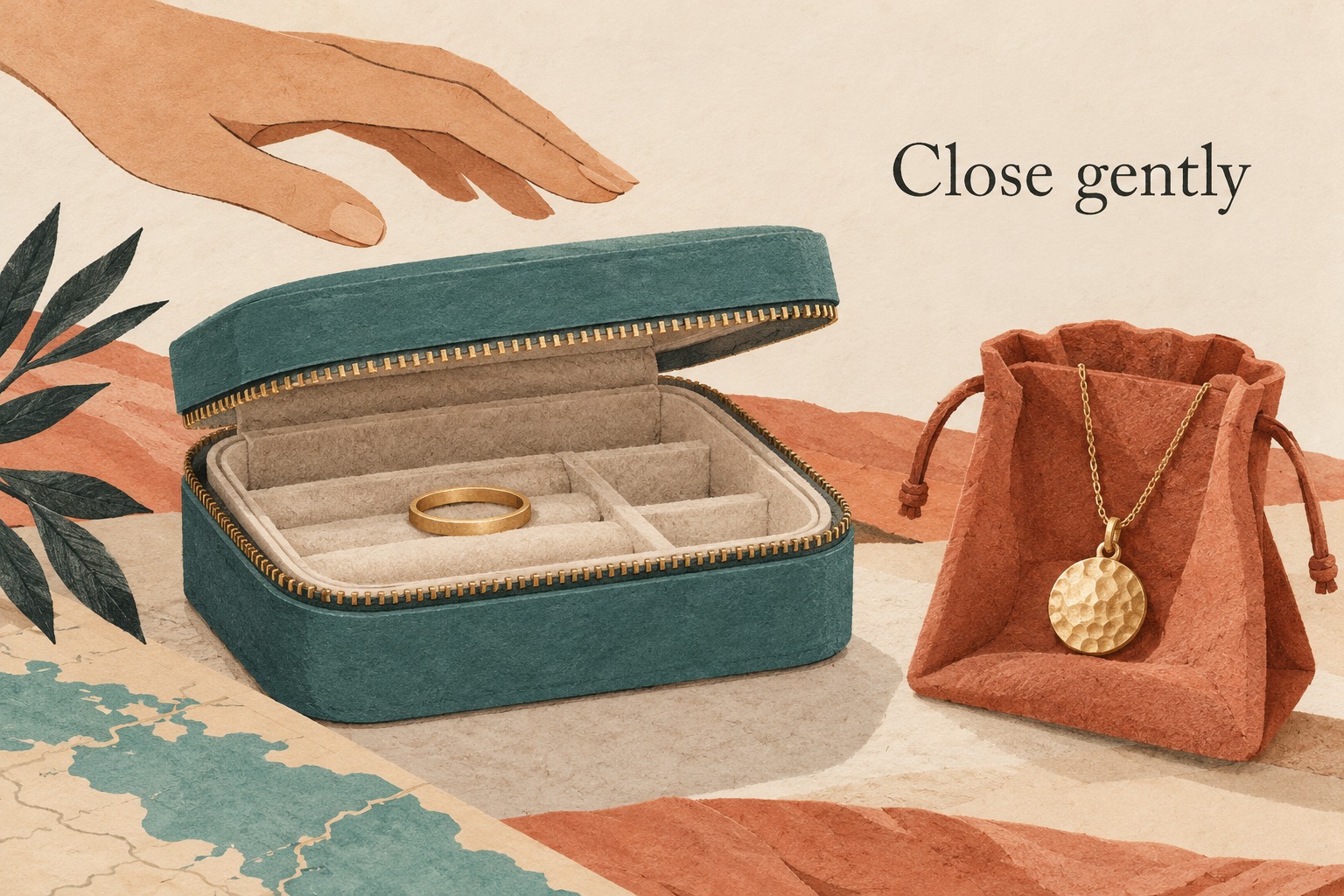 A hand pauses over a case lid; a ring lies inside and a pendant is displayed beside a separate pouch.