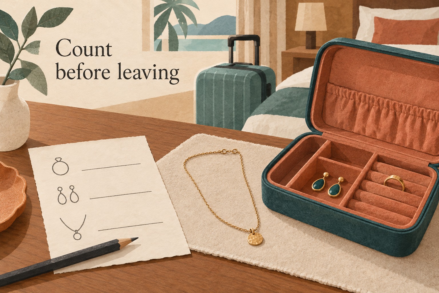 An open jewelry case, necklace on a soft mat and a three-row inventory on a departure tabletop.