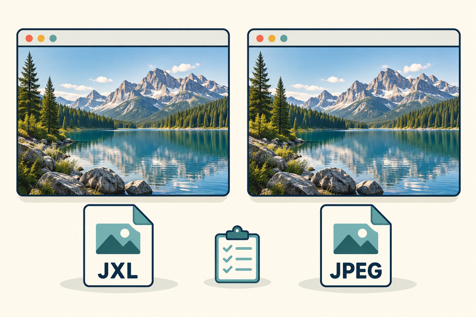 Two illustrated browser windows show a mountain lake above JXL and JPEG image-file cards.