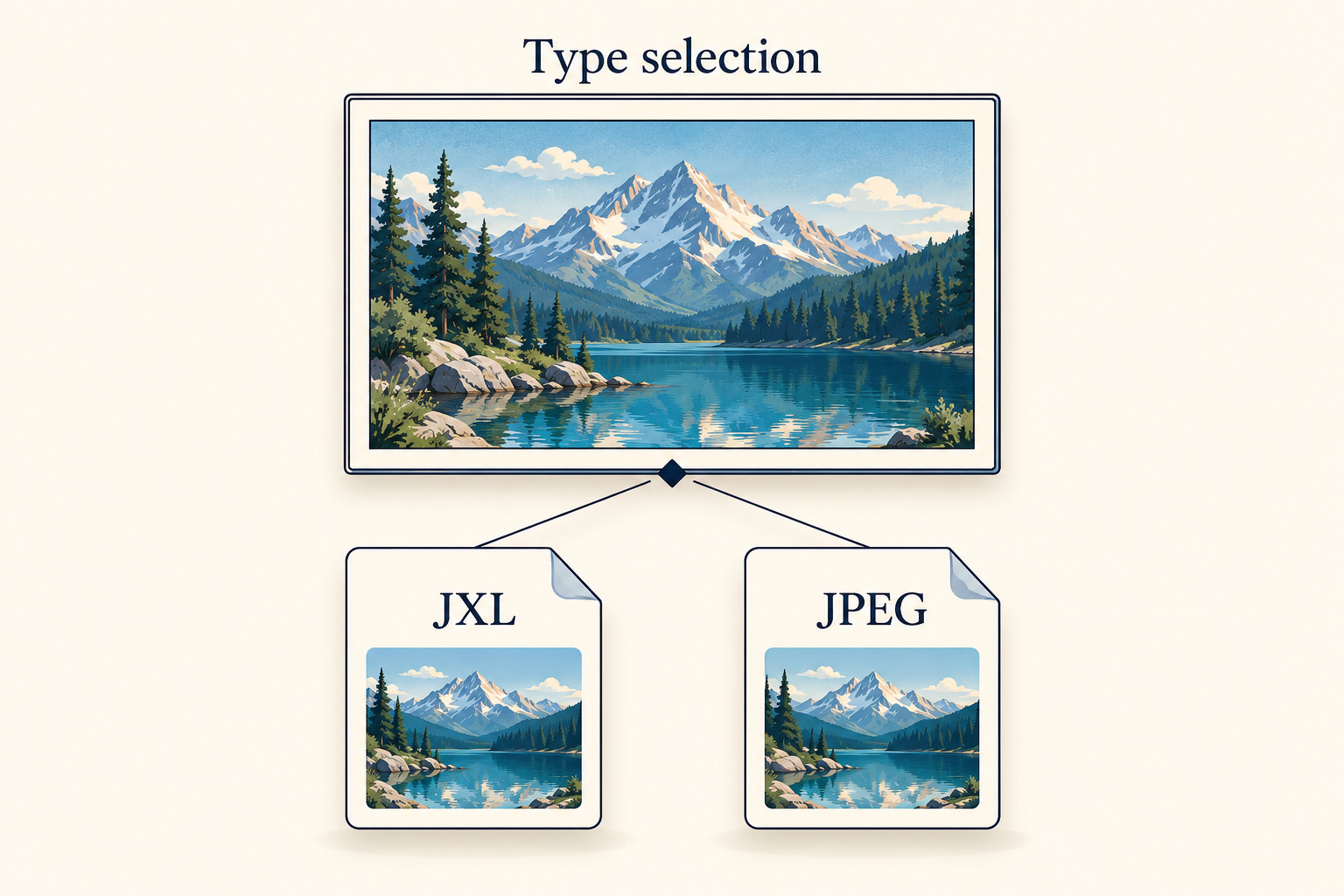 A framed mountain landscape branches to two image-file candidate cards labeled JXL and JPEG under the heading Type selection.