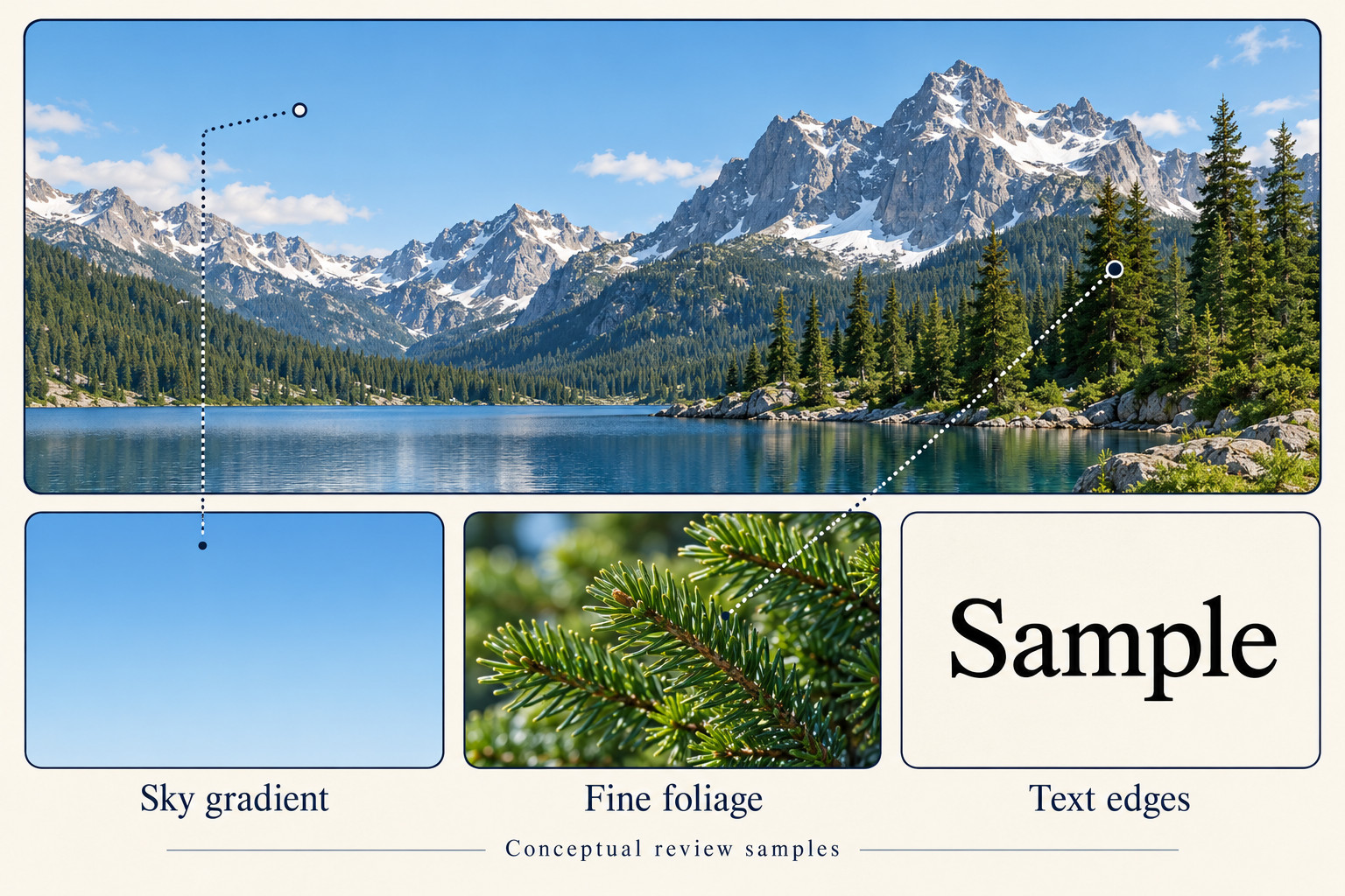 An alpine landscape sits above illustrative detail cards labeled Sky gradient, Fine foliage, and Text edges.