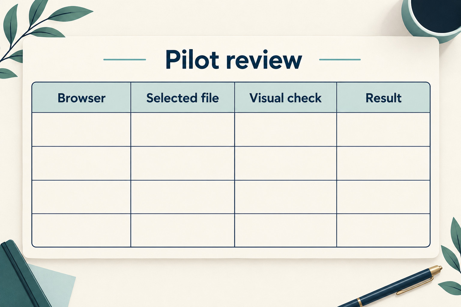 An empty Pilot review worksheet has four columns: Browser, Selected file, Visual check, and Result.