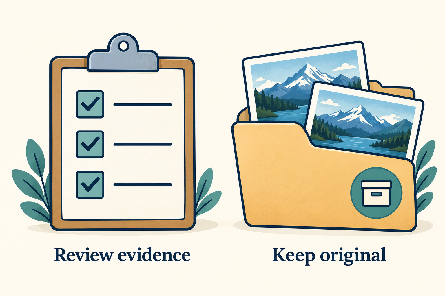 A checklist labeled Review evidence stands beside an image folder labeled Keep original.