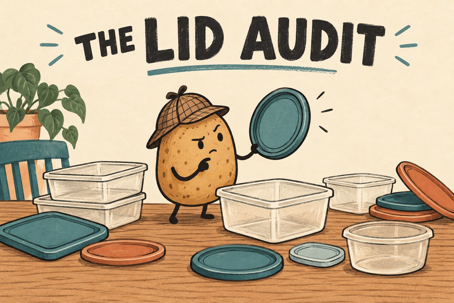 A potato detective holds a round lid among empty containers under The Lid Audit.