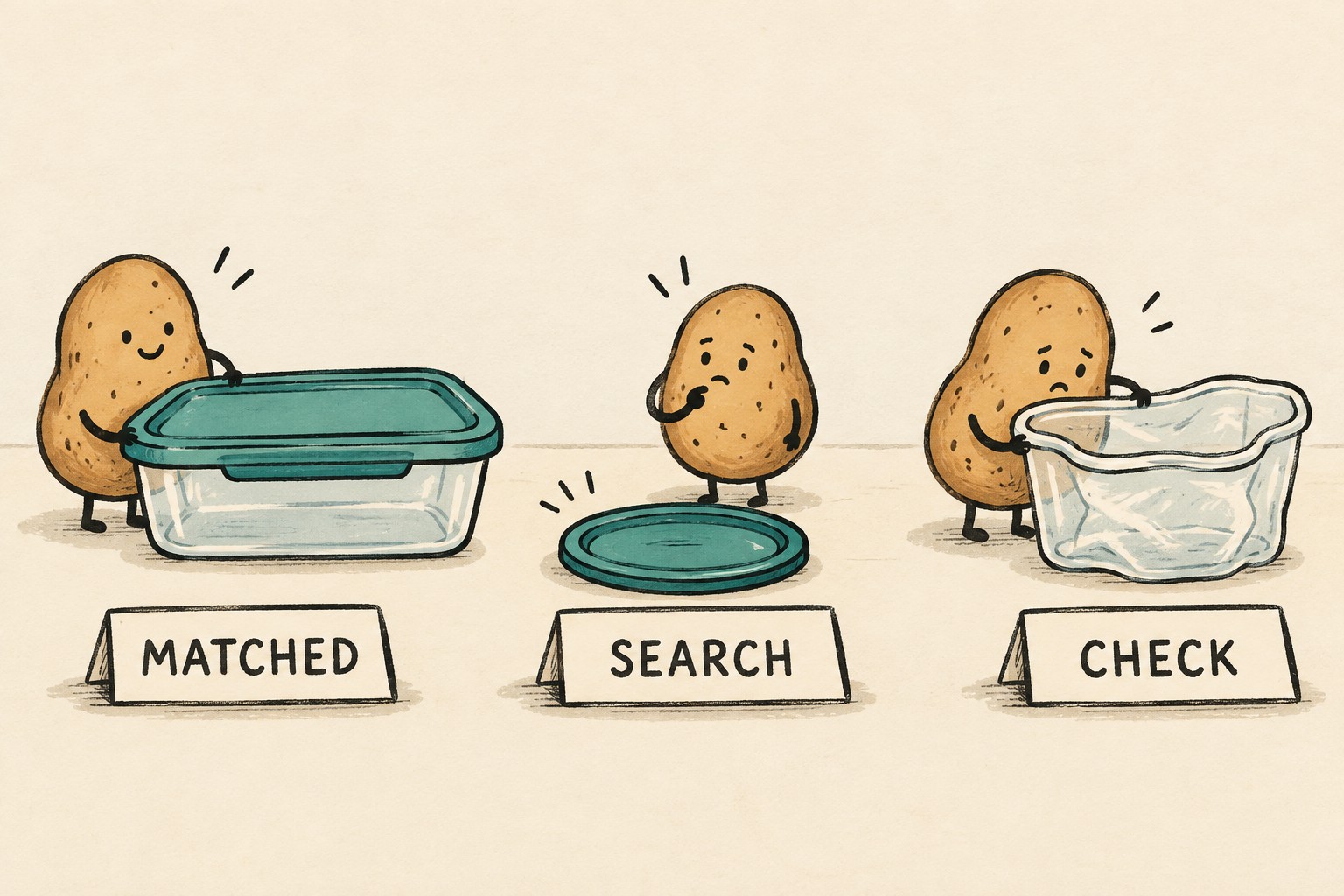 Matched, Search and Check groups show a closed tub, a lone lid and a distorted container.