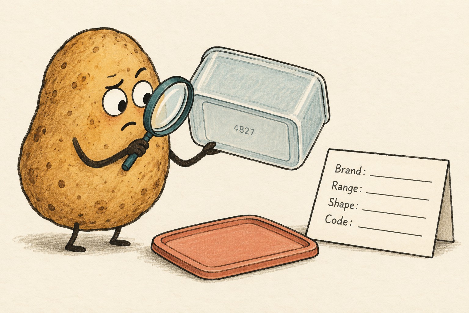 A potato inspects an invented product code beside a Brand, Range, Shape and Code note.
