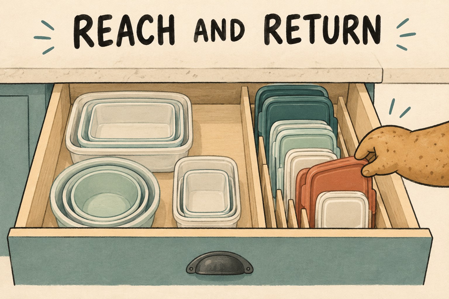 A shallow drawer holds nested containers beside upright lids under Reach and Return.