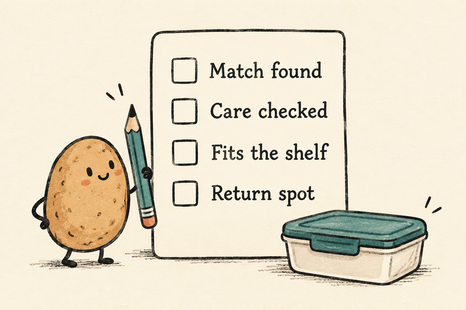 Four empty checkboxes read Match found, Care checked, Fits the shelf and Return spot.