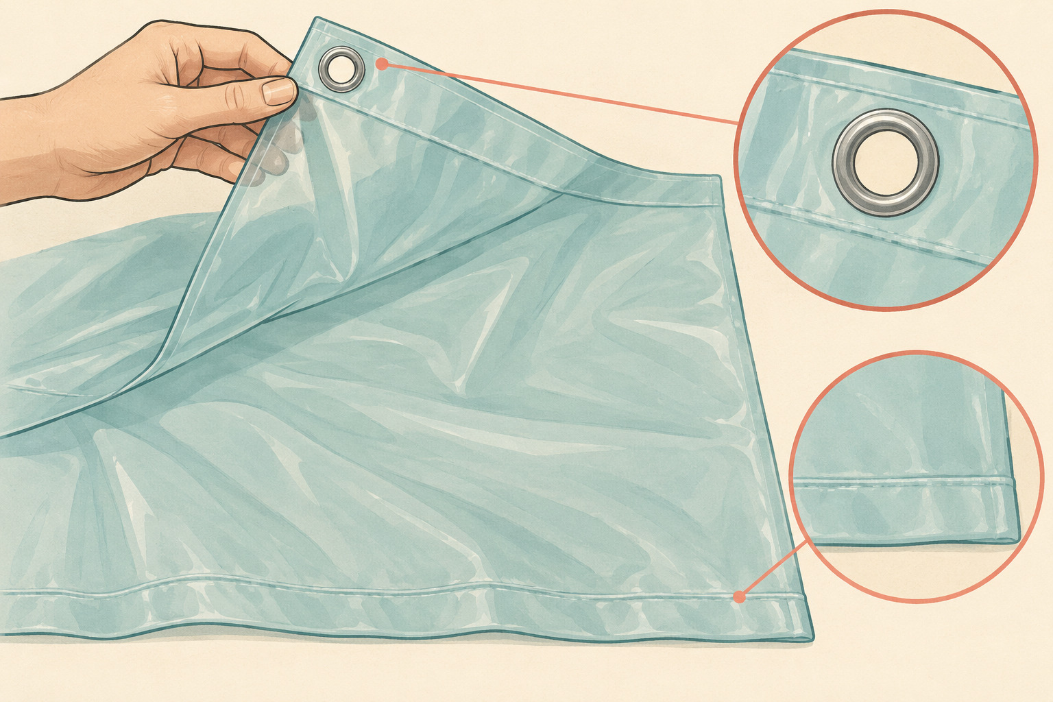 AI-generated conceptual illustration of a hand holding a teal liner corner, with detail circles showing the reinforced grommet and sealed lower hem.