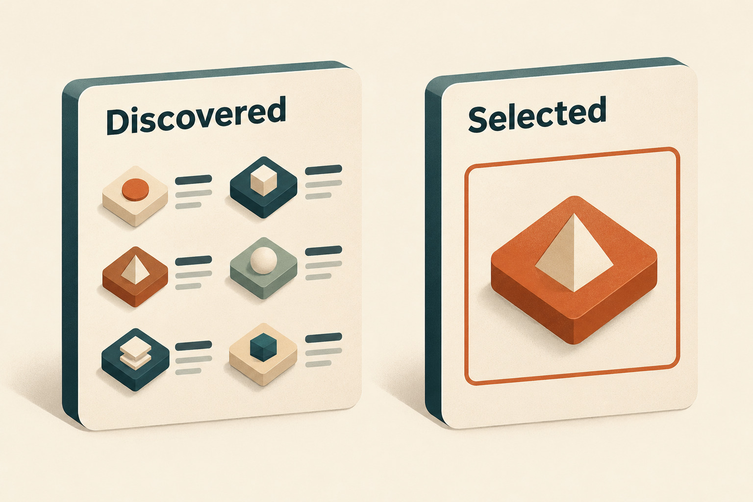 Separate cards labeled Discovered and Selected, showing several model tiles on the first and one highlighted tile on the second.