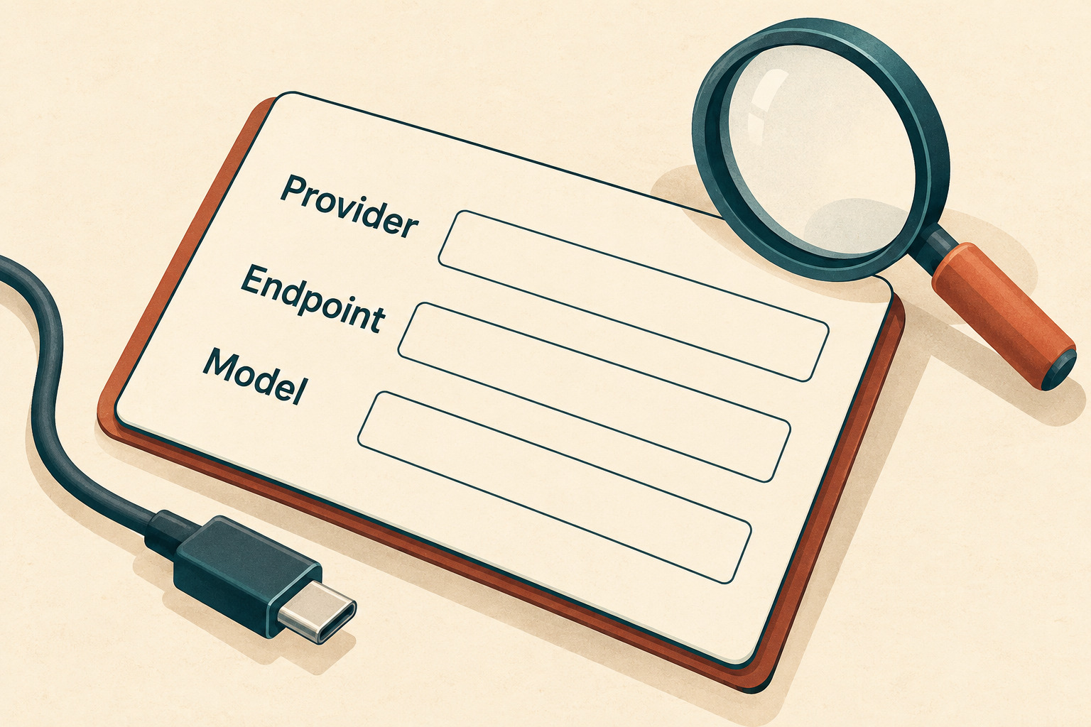 A configuration card with blank Provider, Endpoint and Model fields beside a cable connector and magnifying glass.