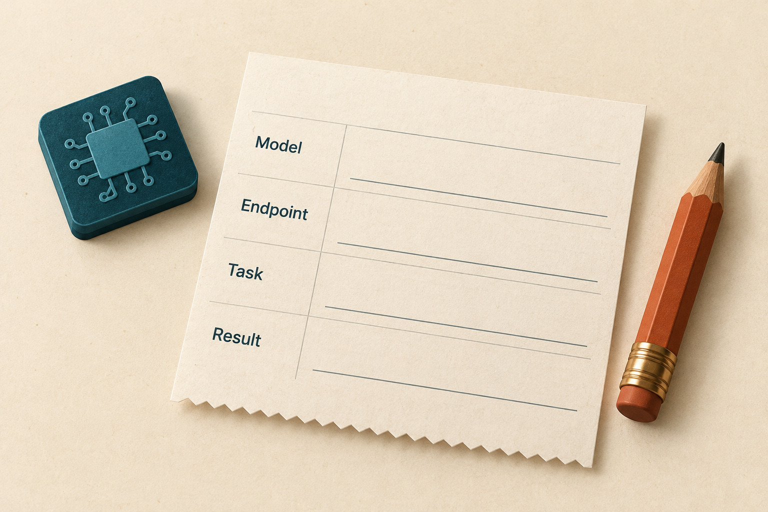 A blank receipt with Model, Endpoint, Task and Result rows beside a teal chip tile and rust pencil.
