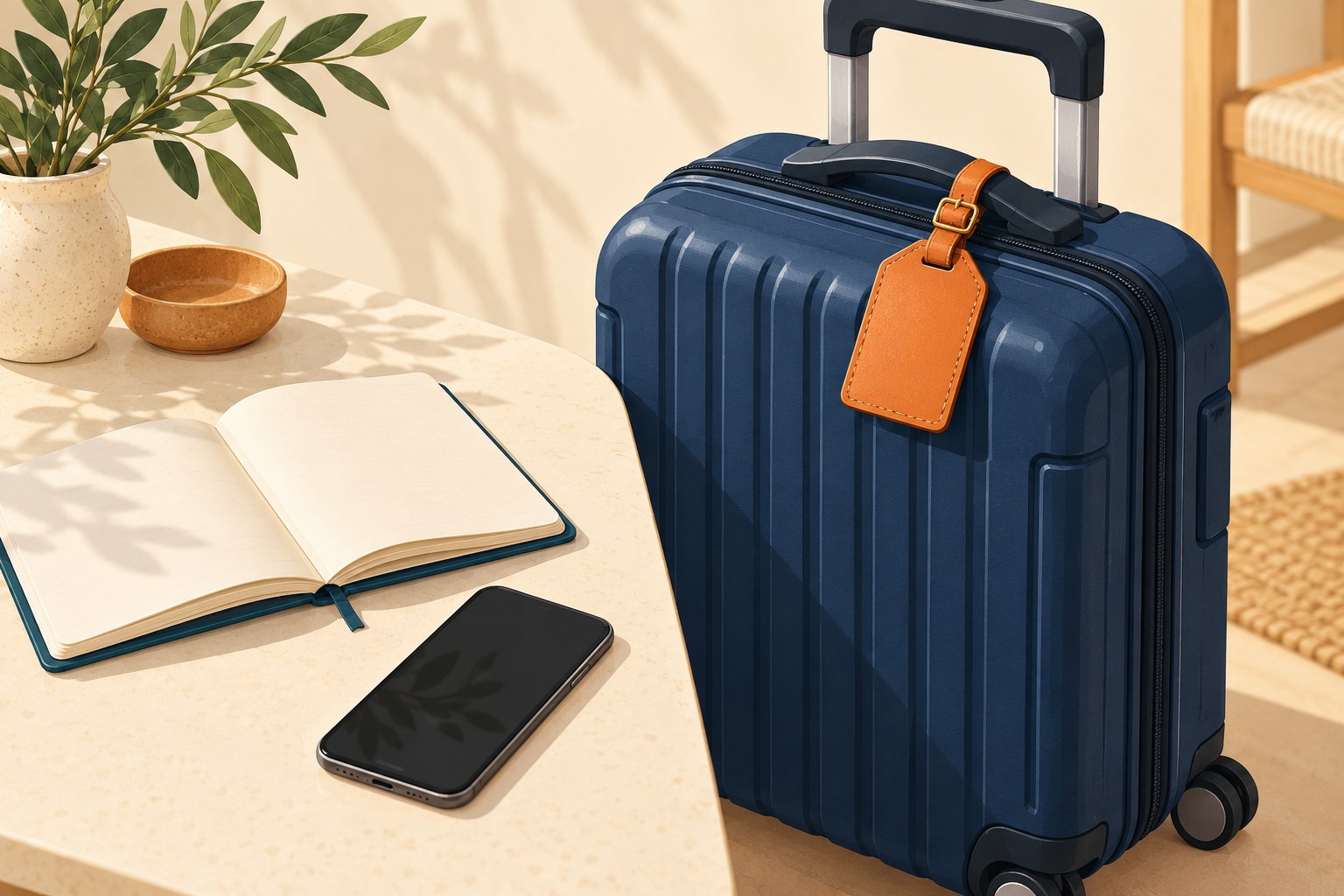 Navy rolling suitcase with an orange personal tag beside an open blank notebook and a dark-screen phone.