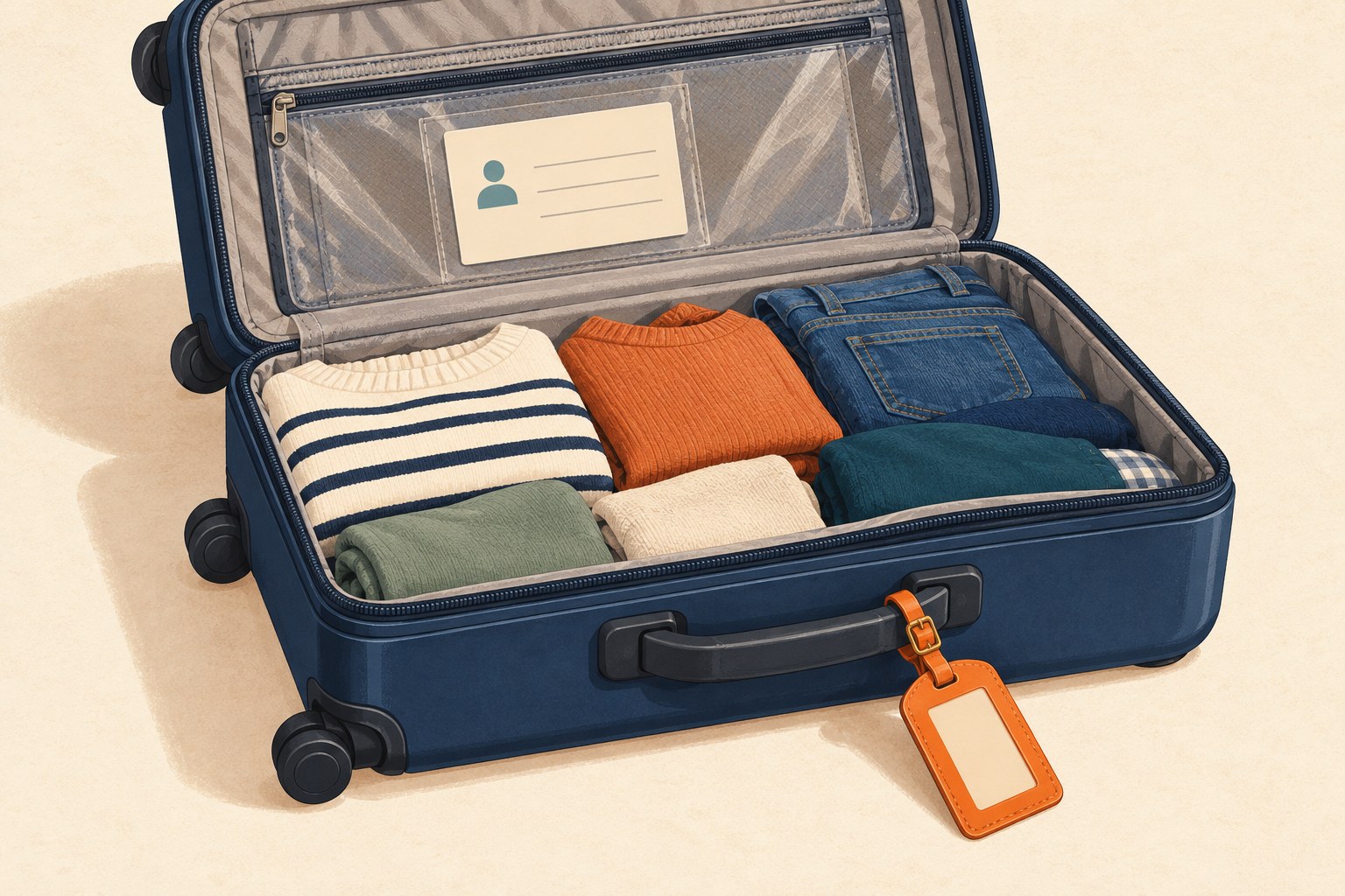 Open suitcase with a blank contact card in an inside pocket and a separate orange tag attached to the outer carry handle.