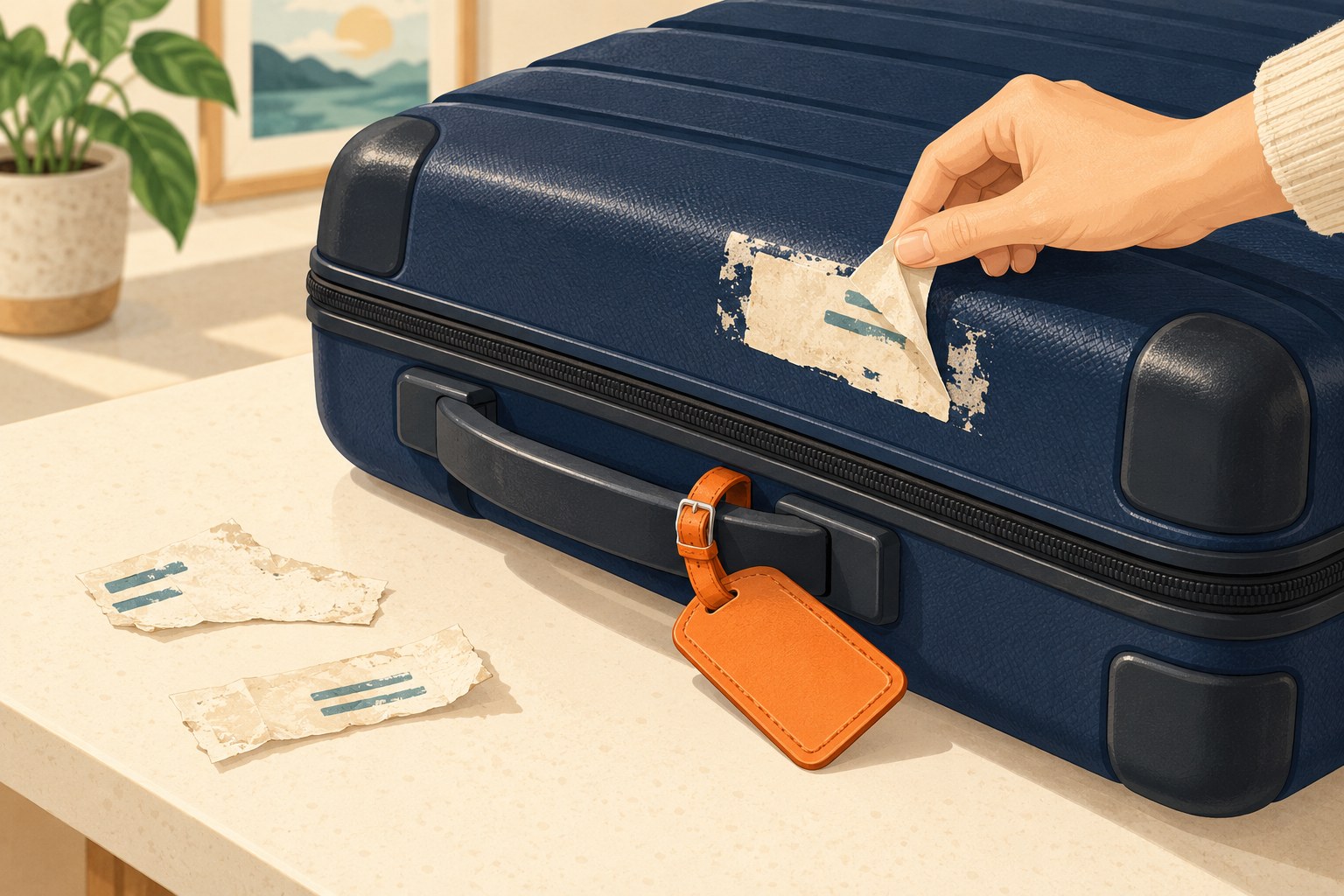 Hand peeling an old paper sticker from a closed navy suitcase while its orange personal tag stays attached.
