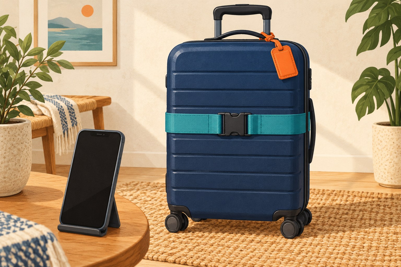 Front of a navy suitcase with a snug teal strap and orange personal tag, with a dark-screen phone on a stand nearby.