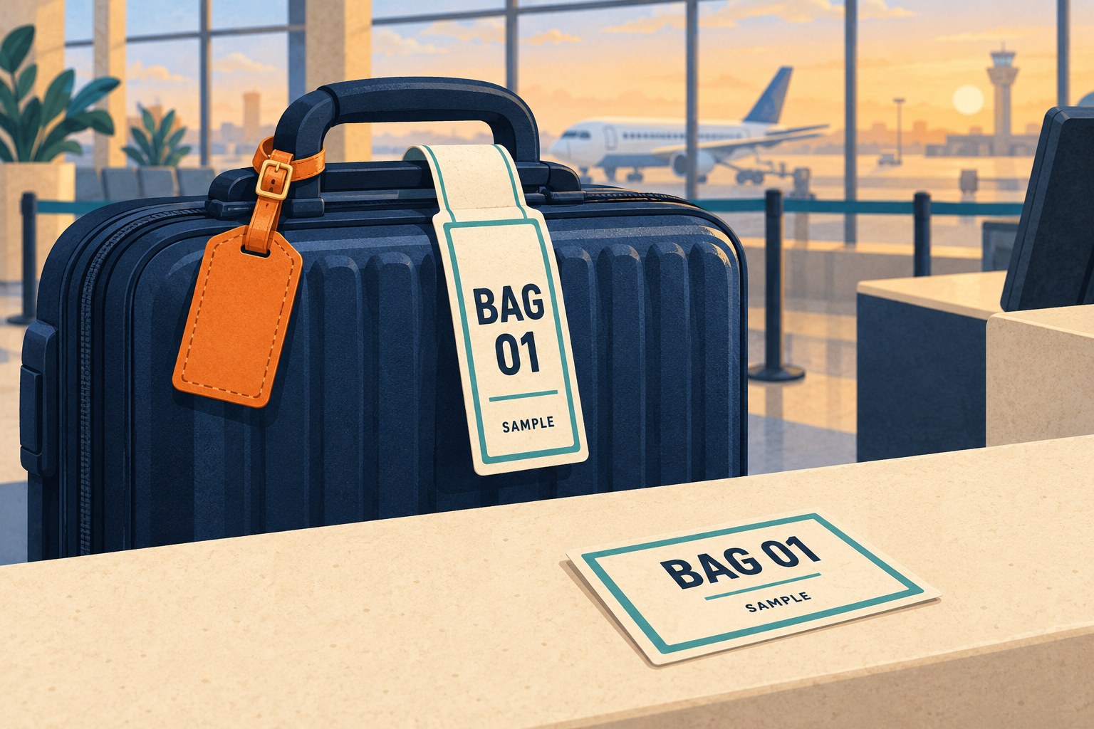 Illustrative airport bag tag and separate claim receipt both marked BAG 01 and SAMPLE, beside an orange personal tag.