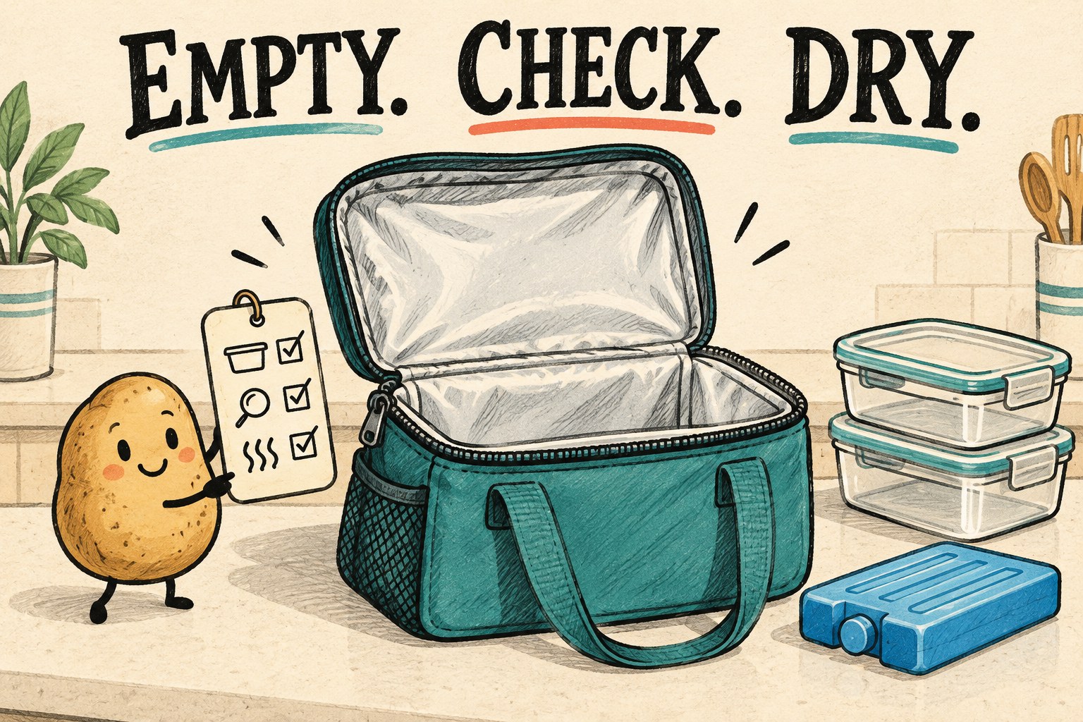 Open insulated lunch bag with separate containers and ice pack beside a potato character and care checklist