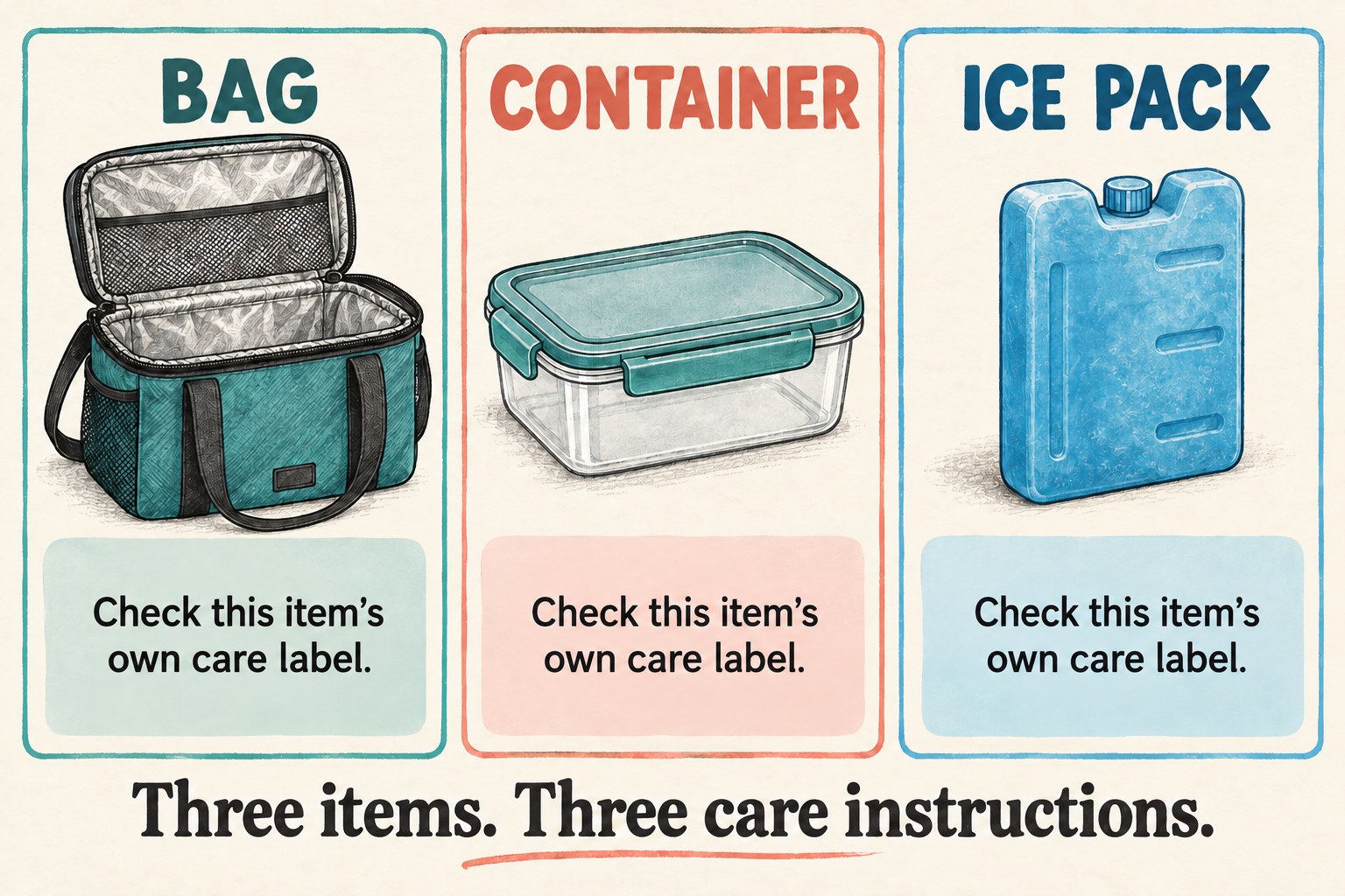 Bag, container and ice pack shown separately, each with a reminder to check its own care label