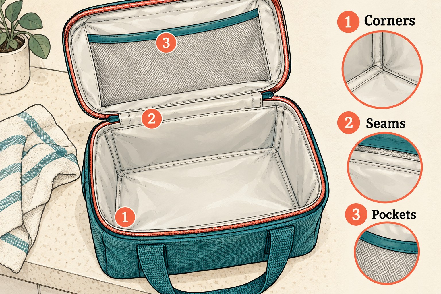 Numbered illustration identifies accessible corners, seams and pockets of an open lunch bag